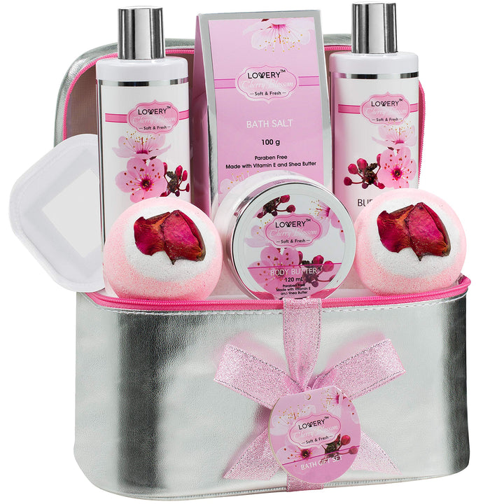 LOVERY Christmas Gifts - Bath And Body Gift Basket For Women â€“ Cherry Blossom Home Spa Set With Fragrant Lotions, 2 Extra Large Bath Bombs, Mirror And Silver Reusable Travel Cosmetics Bag