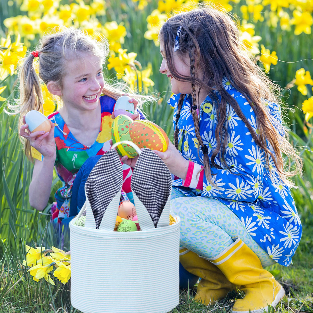 Easter Bunny Basket Seersucker Egg Bags for Kids,Personalized Candy Egg Basket Rabbit Print Buckets with Fluffy Tail Gifts Bags for Easter……