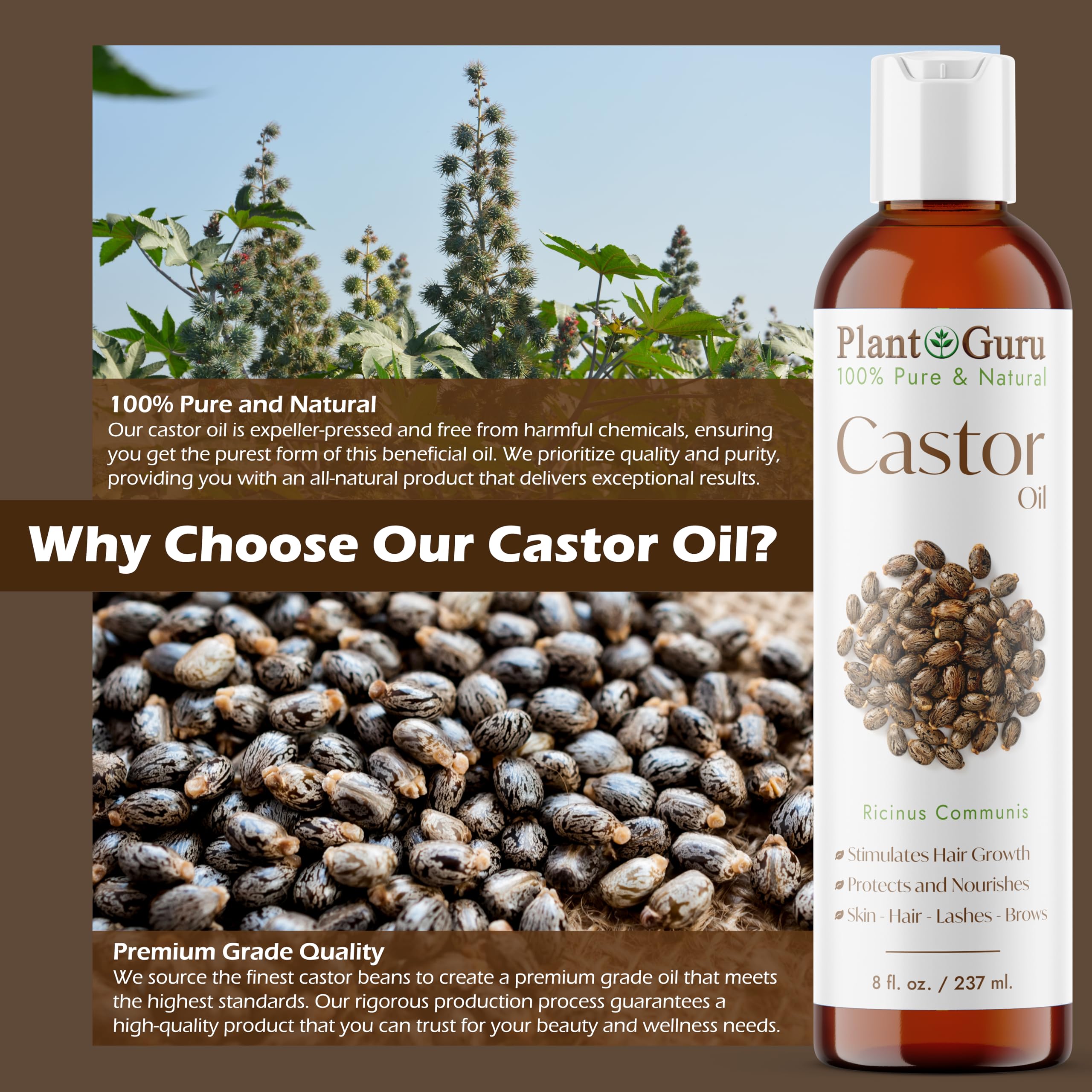 Castor Oil 4 fl. oz. Unrefined, 100% Pure Natural Hexane-Free, USP Grade, Hair Growth, Eyebrows and Eyelashes. Skin, Face and Body Moisturizer.