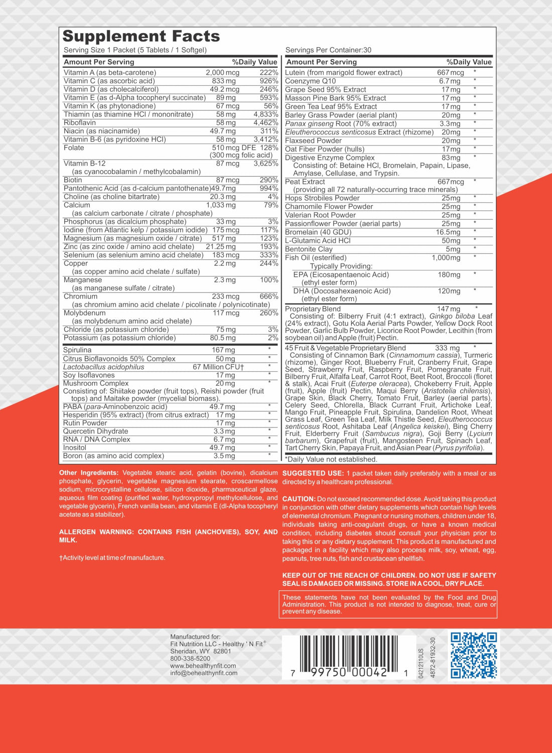 Healthy 'N Fit NUTRI Pack - 30 Day Pkt -One Pack Daily, Multivitamin All-in-One Packets