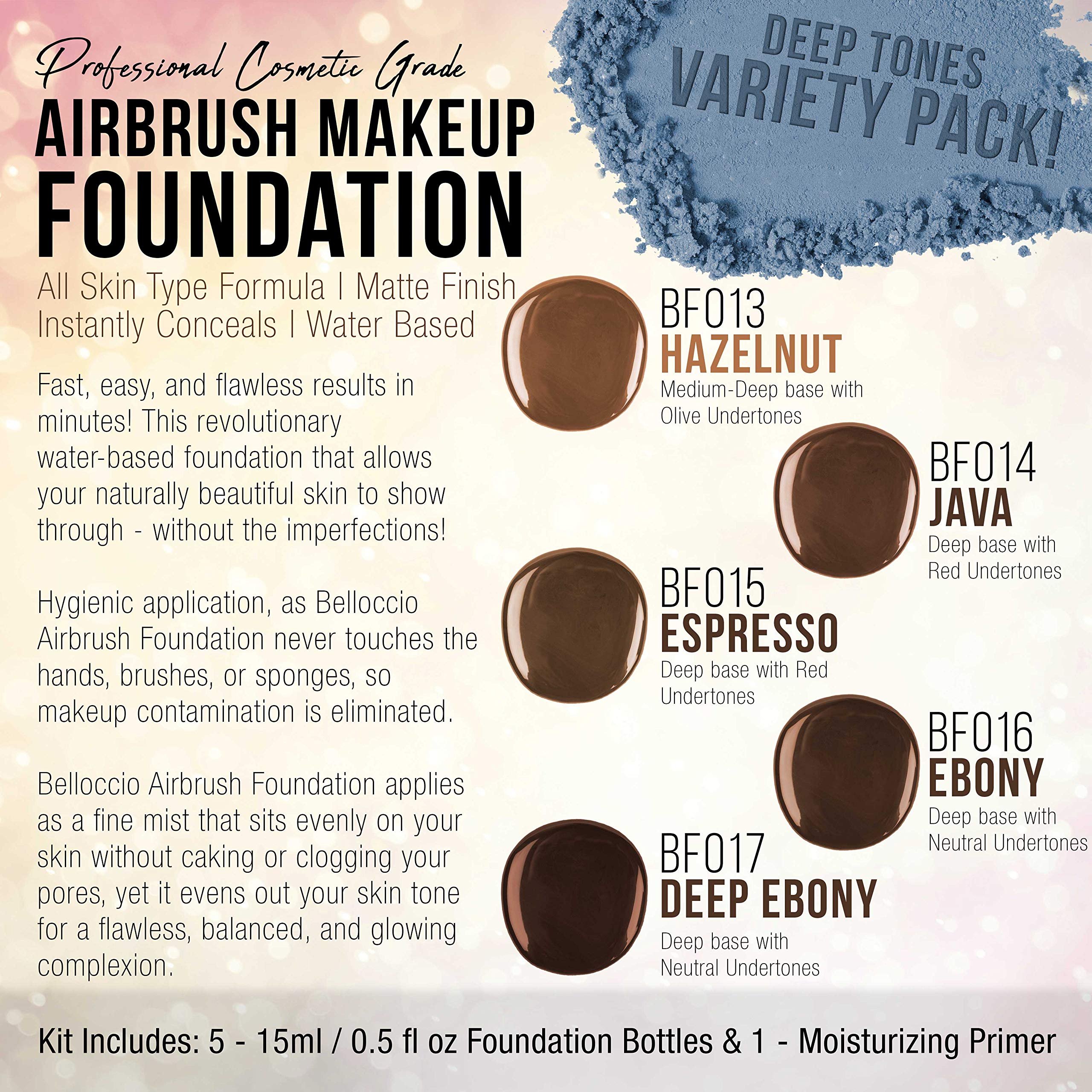 DARK Color Shade Airbrush Makeup Foundation Set of Belloccio's Professional Cosmetic Airbrush Makeup in 1/2 oz Bottles by Belloccio