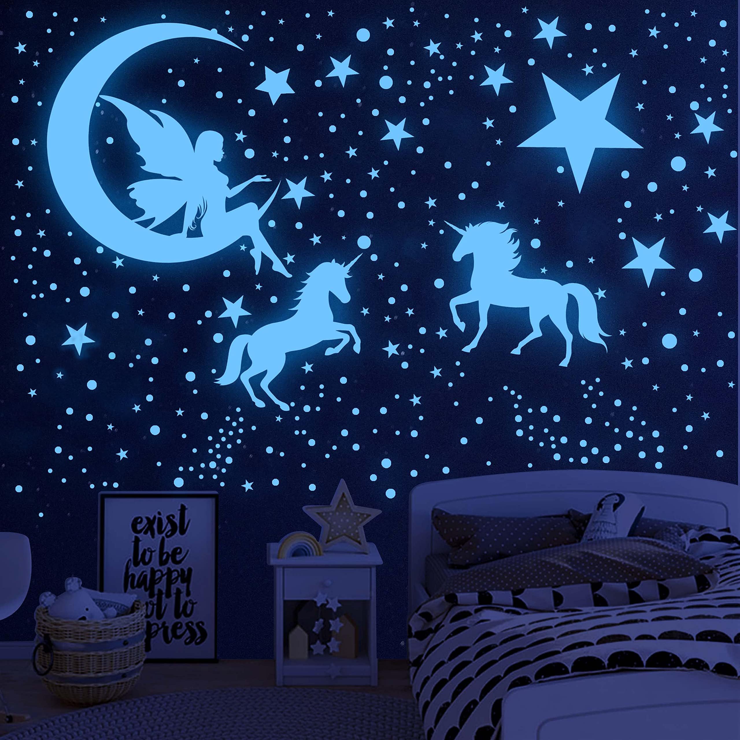 Glow in The Dark Stars for Ceiling,Unicorn Wall Decals Stickers Wall Decor for Girls Bedroom Luminous Glow Unicorn Stars Planet Ceiling Stickers for Baby Boys Kids Playroom Living Room Nursery