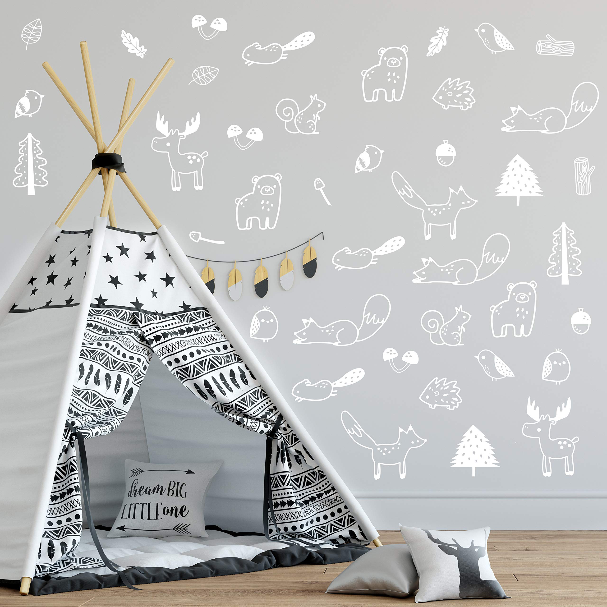 The Boho Design Forest Animal Wall Decals Peel and Stick for Kids, Baby Bedroom Nursery and Living Room. 36 pcs Adhesive Vinyl Wall Stickers Decor (White)