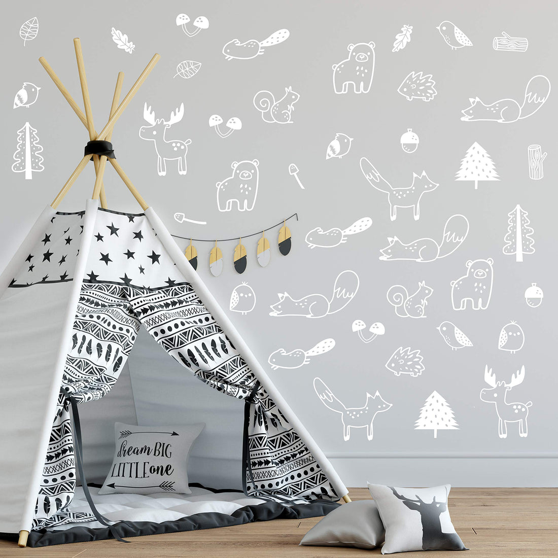 The Boho Design Forest Animal Wall Decals Peel and Stick for Kids, Baby Bedroom Nursery and Living Room. 36 pcs Adhesive Vinyl Wall Stickers Decor (White)