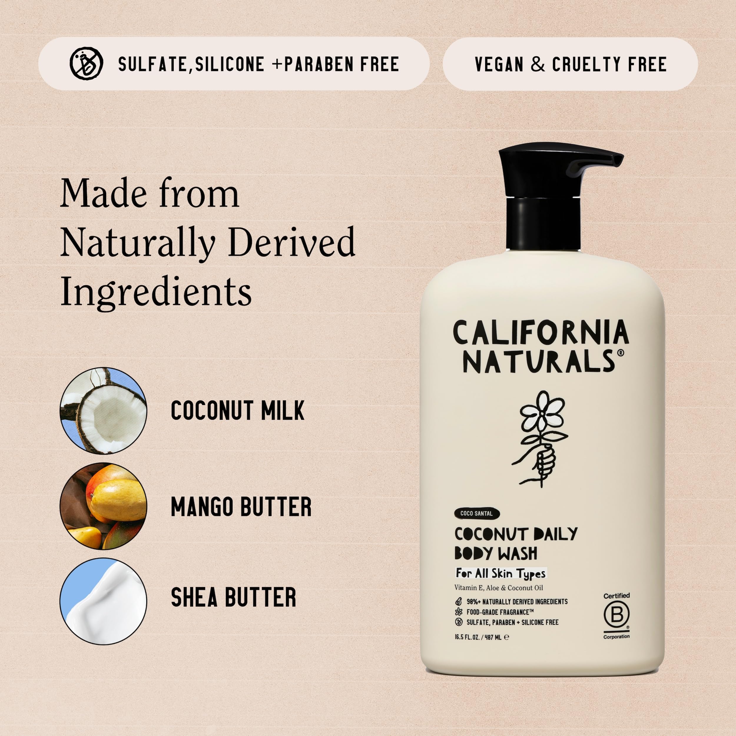 California Naturals Body Wash for Women and Men, Vitamin E Shower Gel Cleanser, Natural, Vegan & Cruelty Free, Paraben & Sulfate Free, Moisturizing Skin, Coconut, All Skin Types, 16.5 fl oz
