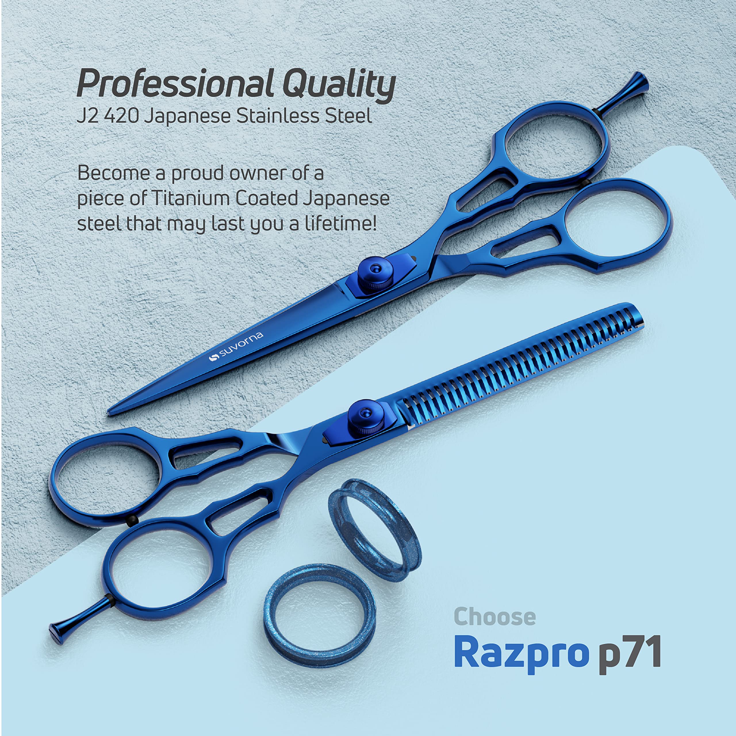 Suvorna Professional Barber Blue Titanium Razor Edge Hair Cutting and Texturizing Scissors Set Razpro P55, Blue, 16 Ounce