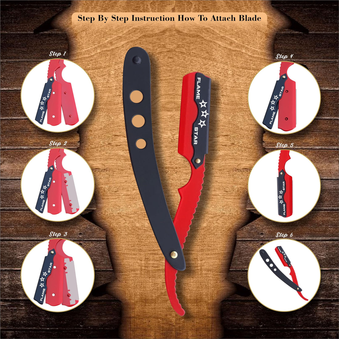 Black Red Barber Staright Edge Salon Hair Cut Razor 100% Stainless Steel with 10 Blades by FLAME STAR