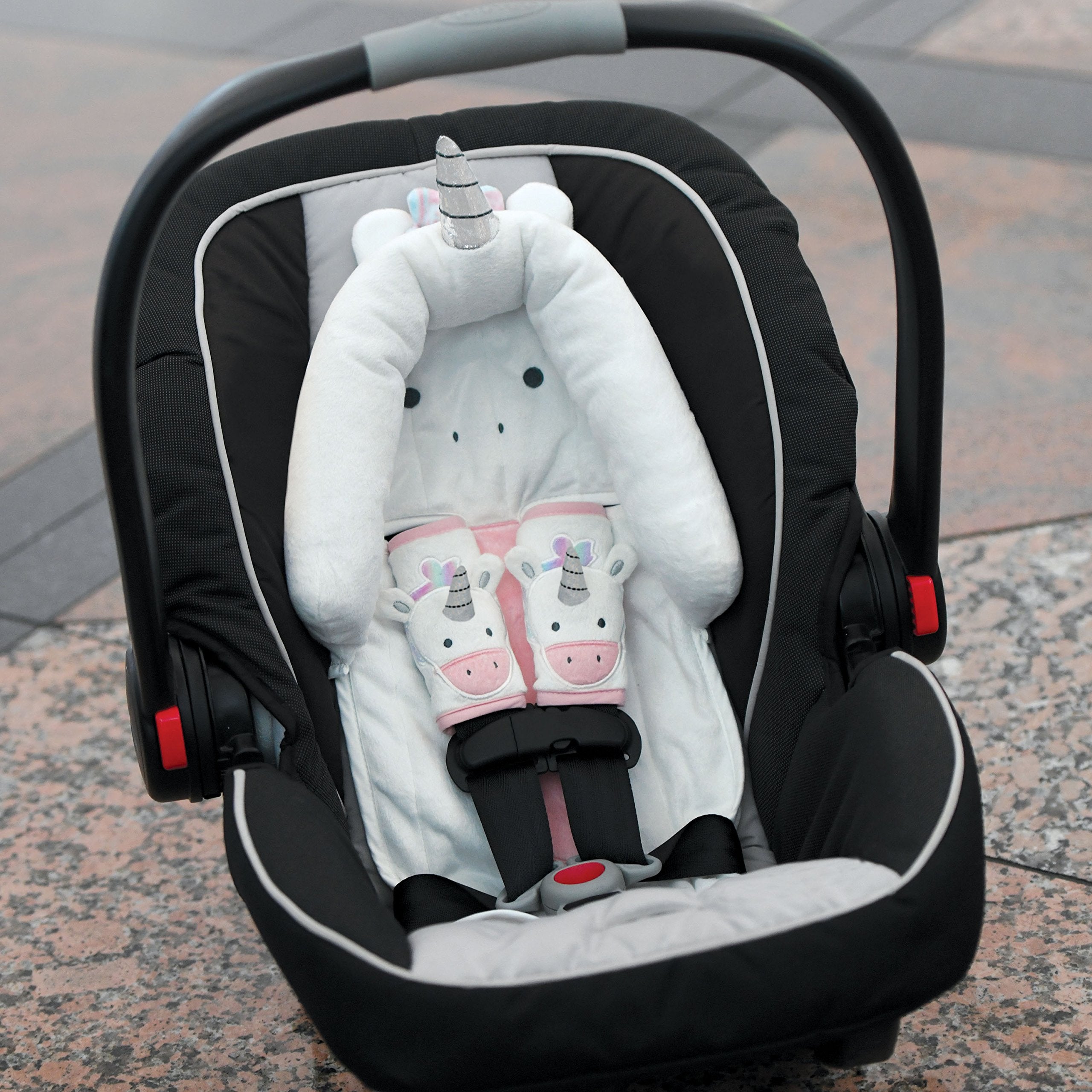 Travel Bug Baby & Toddler 3-Piece Head Support & Strap Covers Set for Car Seats, Strollers & Bouncers … (Unicorn)