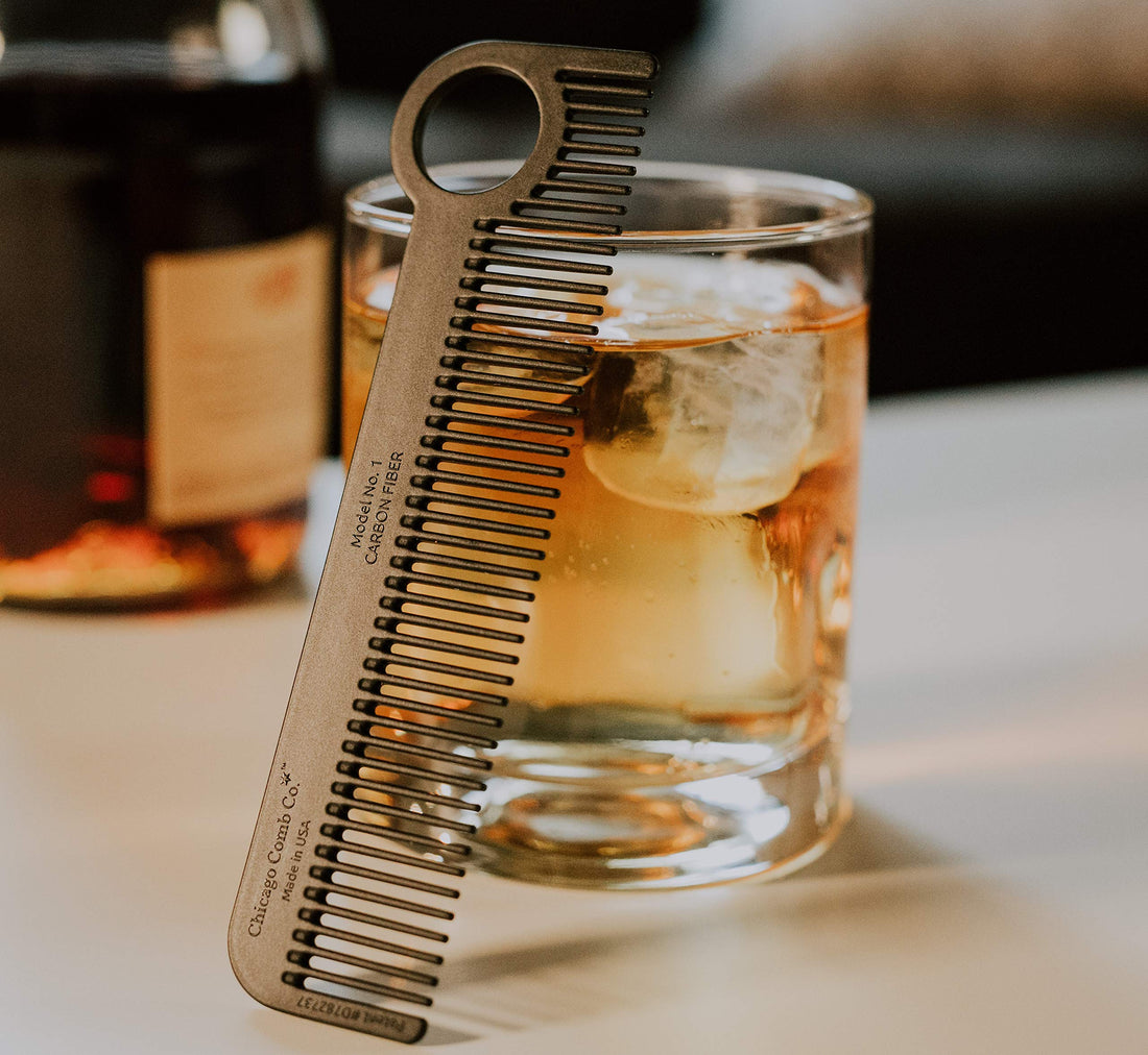 Chicago Comb Model 1 Carbon Fiber Comb + Dublin Black Horween leather sheath, Made in USA.