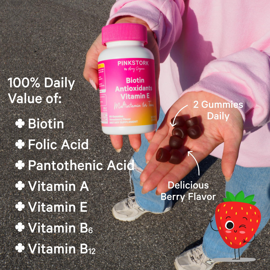 Pink Stork Biotin, Antioxidants, Vitamin E Multivitamin for Teens - Clinically Studied Vitamins + Nutrients for Teens - Beautiful Hair, Radiant Skin, Strong Nails, + Immune Support - 60 Berry Gummies
