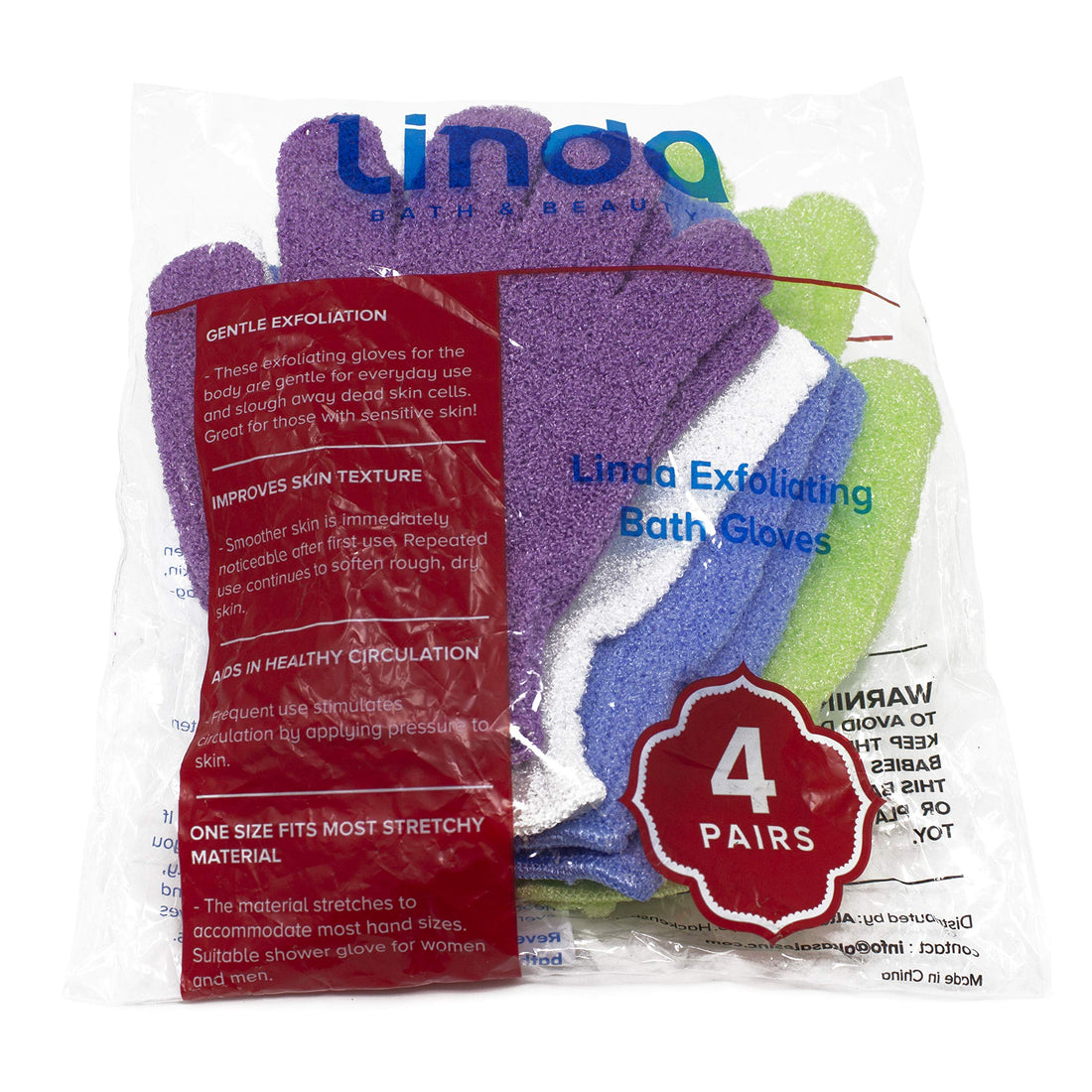 Linda Exfoliating Bath Gloves, Pack of 4