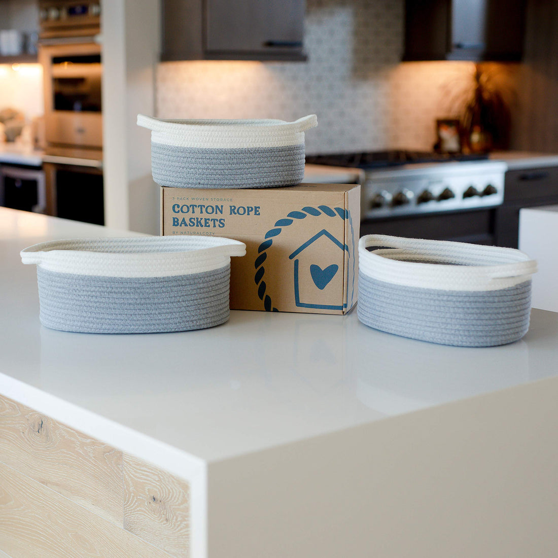 NaturalCozy 3-Piece Oval Storage Basket Set– Soft Natural Rope Woven Baskets for Storage Shelf, Toy, Nursery, Gift, Baby Shower, Pets Cat Dog Bins | Small Basket for Organizing (Off White & Gray)