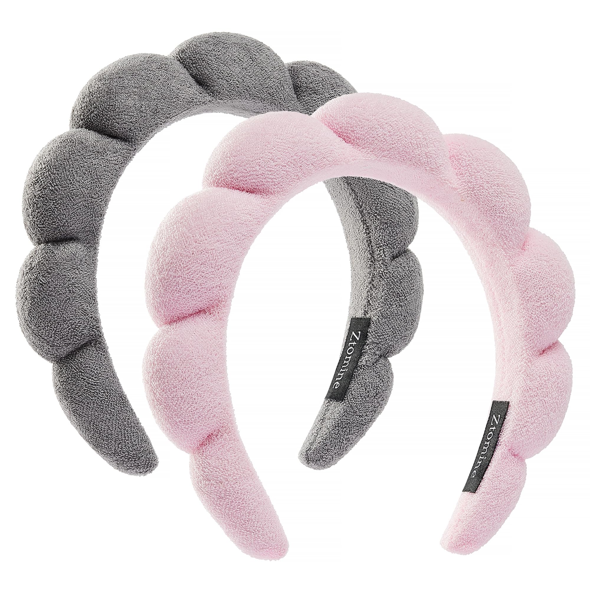 Ztomine Spa Terry Cloth Headband Combo Pack - 2 Puffy Makeup Headbands for Facial Care, Face Washing, and Mask Application (Pink + Grey)