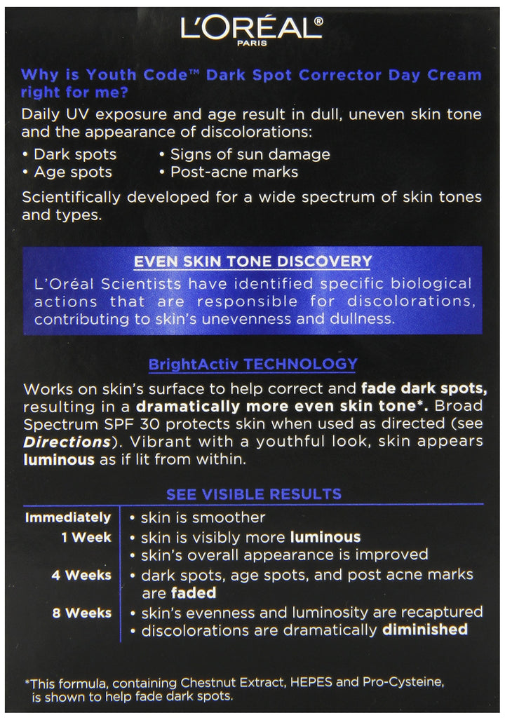 L'Oreal Paris Youth Code Dark Spot Corrector Facial Day Cream SPF 30
