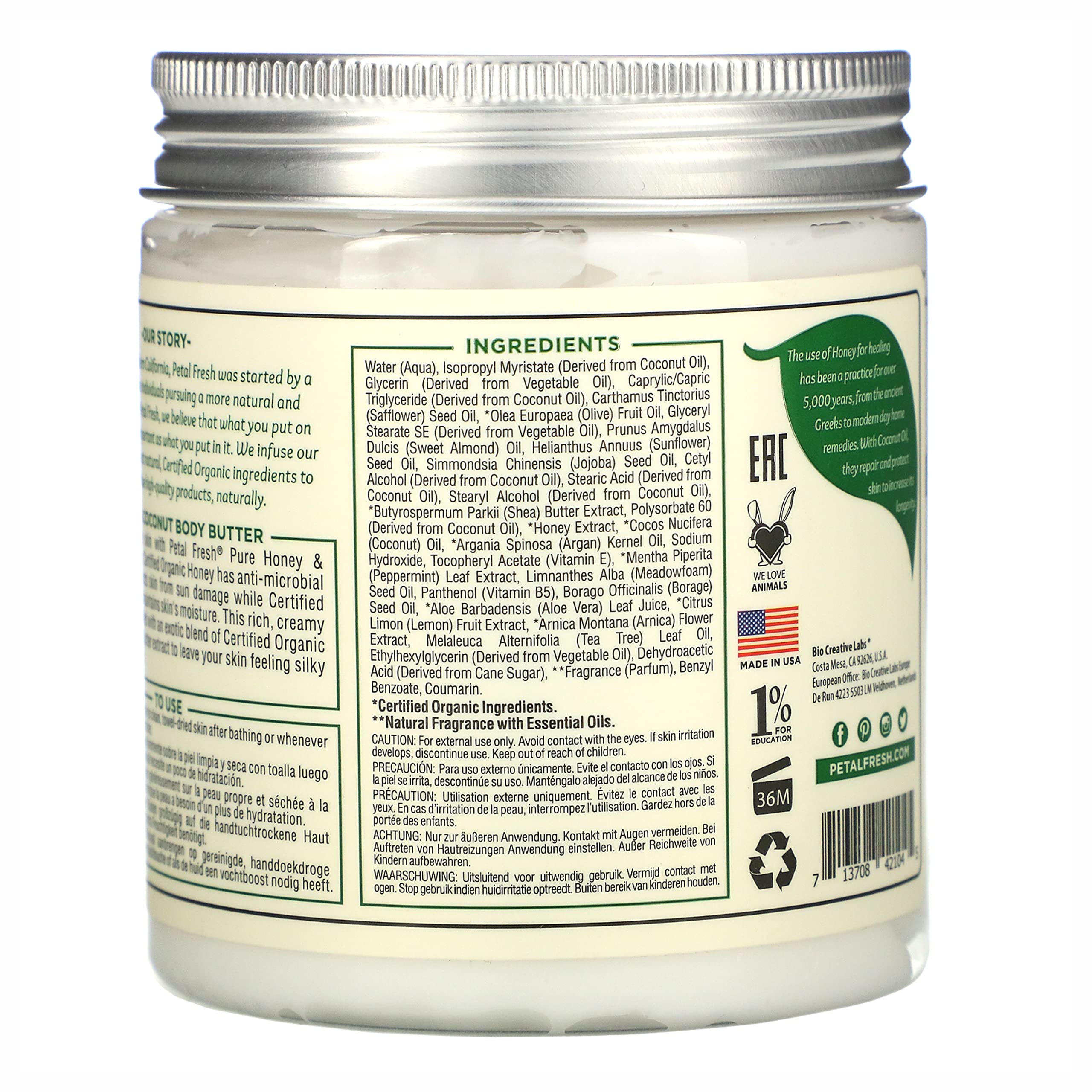 Petal Fresh Pure, Restoring Body Butter, Heals, Repairs & Protects Skin with Honey & Coconut Oil, 8 Fl oz