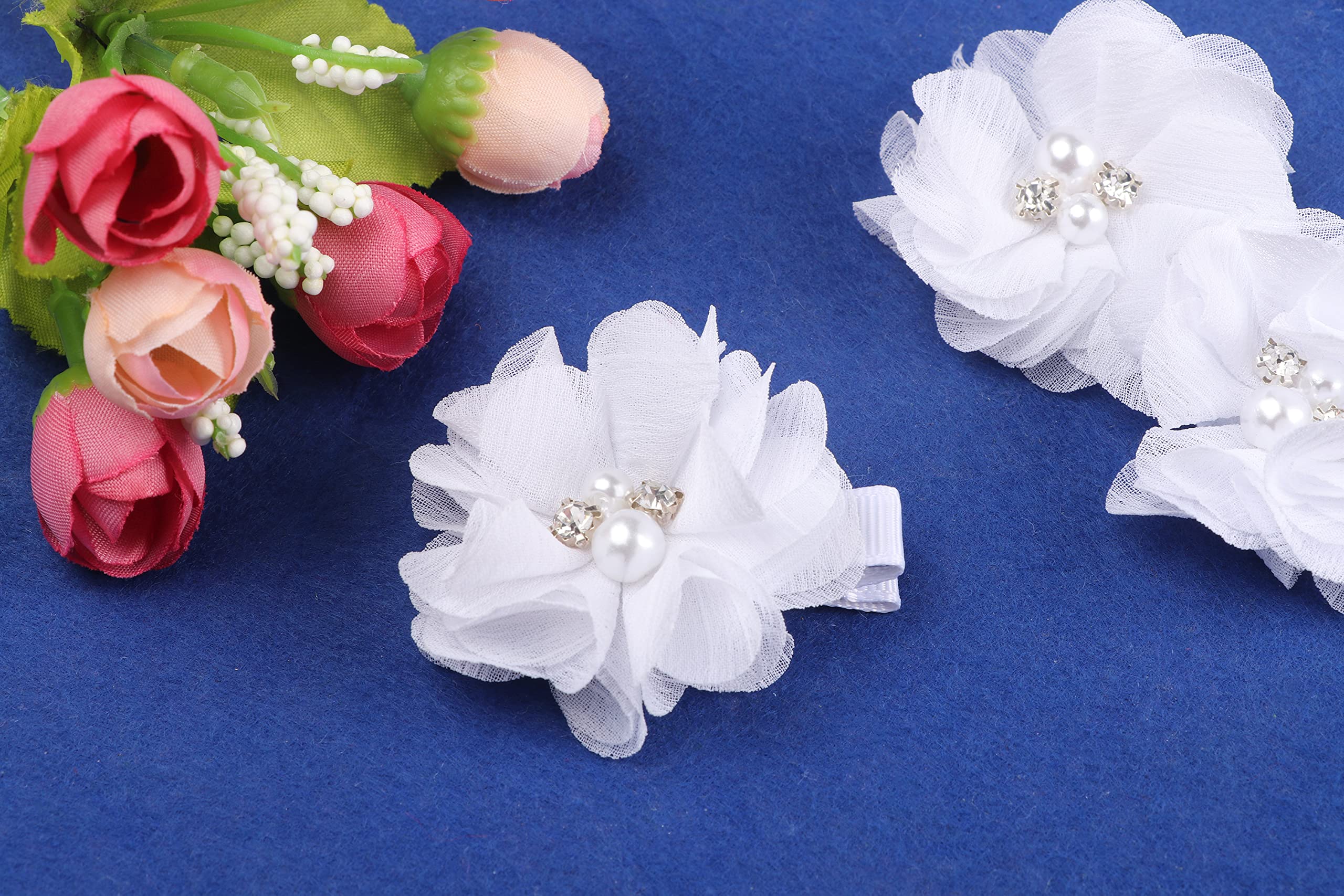 Baby Girls Chiffon Flower Hair Clips with Rhinestones and Pearl,YYCRAFT 10 pcs Party Wedding 2 Hair Accessory for Kids Toddler Infant Girls(Snow White)
