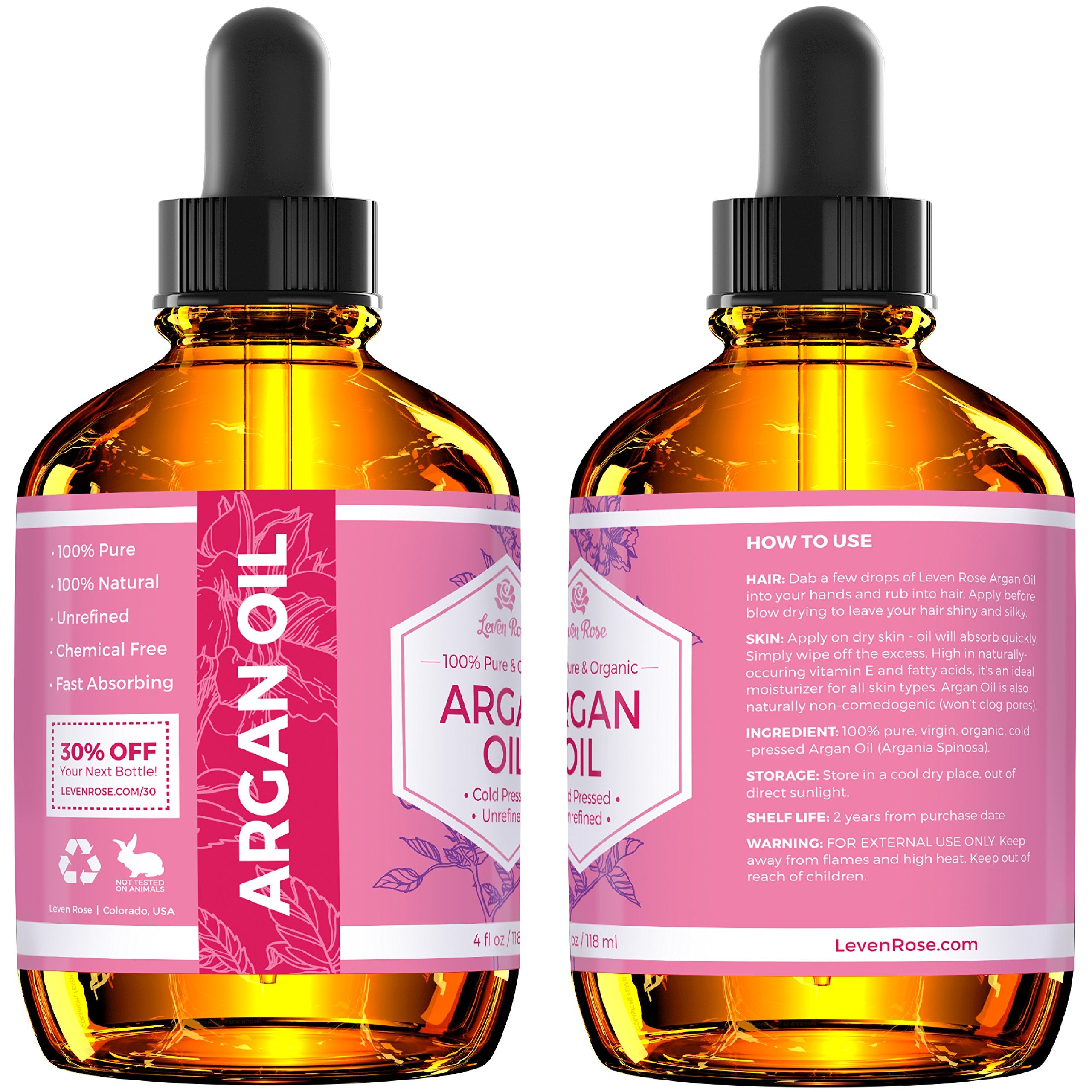 Leven Rose Argan Oil for Face, Hair and Skin - 4 oz 100% Pure Moroccan Cold-Pressed Organic