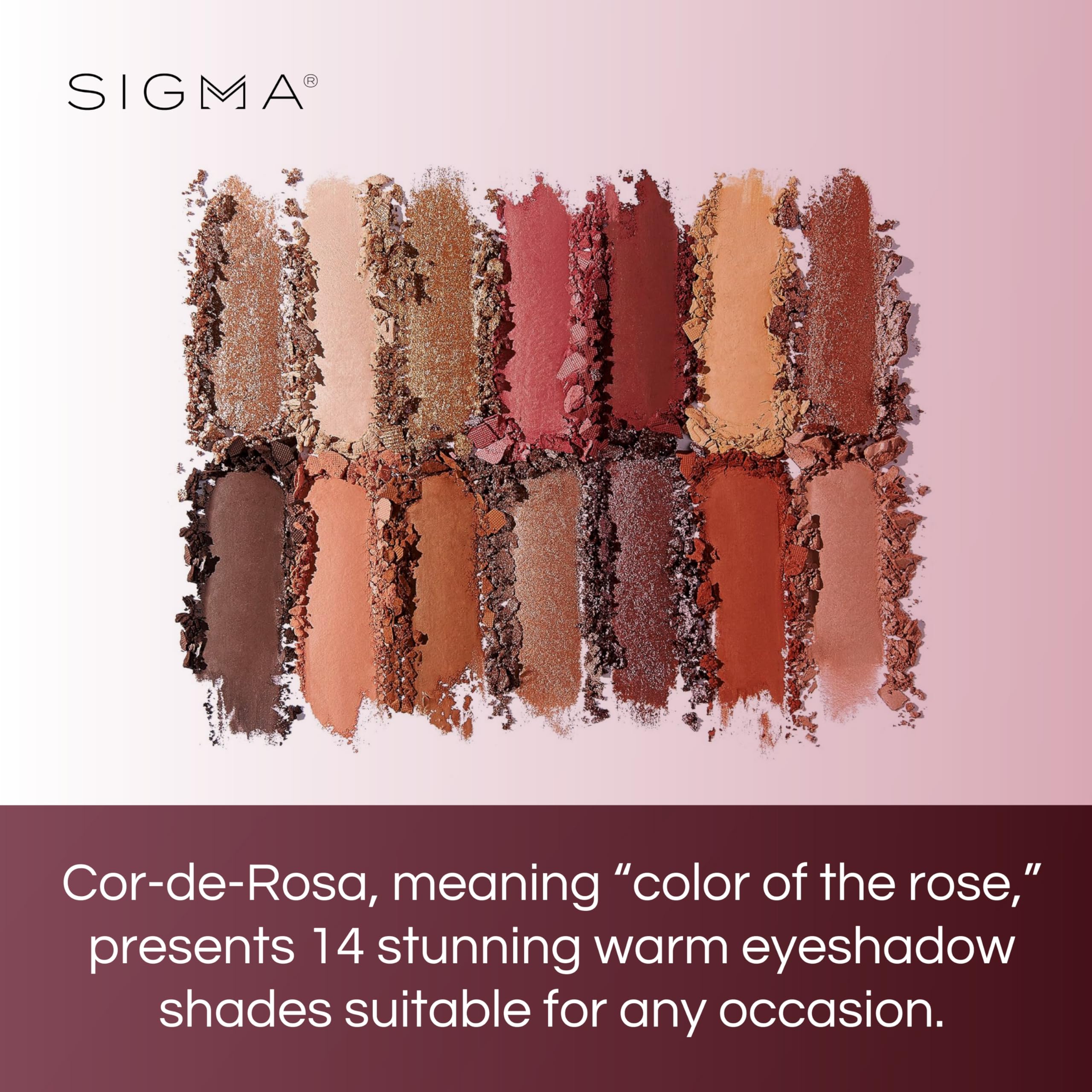 Sigma Beauty 14 Shade Eyeshadow Makeup Color Palette Shimmer Glitter Eye Cosmetic Powder, Cor-De-Rosa