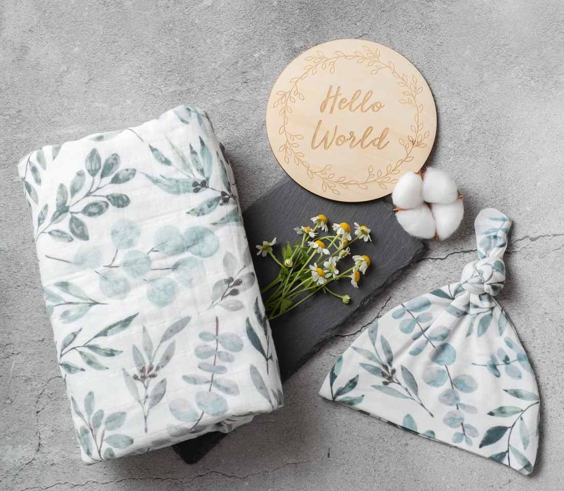 Miaoberry Organic Muslin Swaddle Blankets with Matching Hat and Wooden Hello World Newborn Sign | Eucalyptus Newborn Photography Props | Birth Announcement Sign