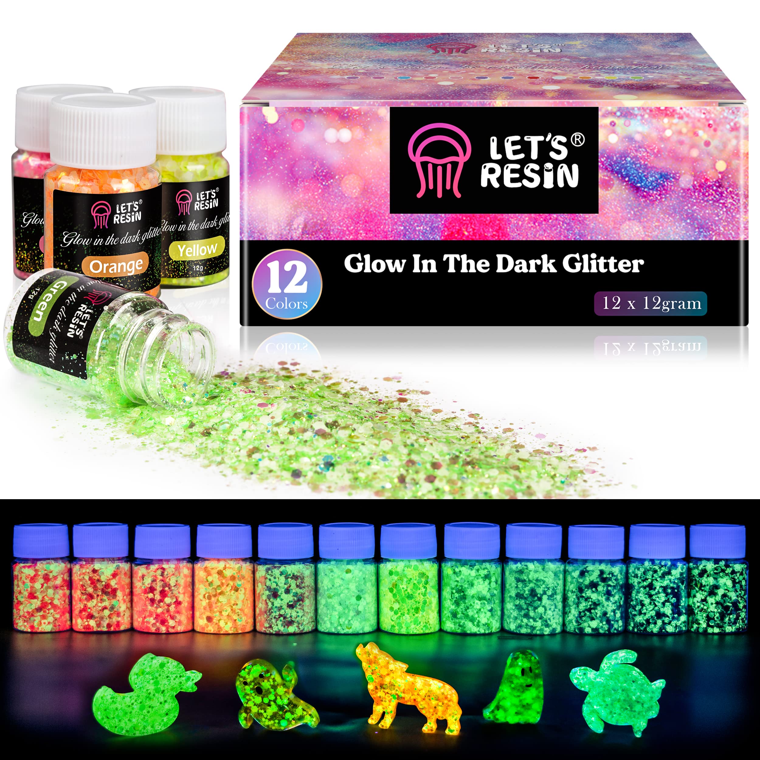 Glow in The Dark Glitter, LET'S RESIN 12 Colors Luminous Chunky Glitter, 0.42oz/Bottle High Luminance Glitter, Chunky Glitter for Resin, Nail, Slime, Tumblers, Halloween