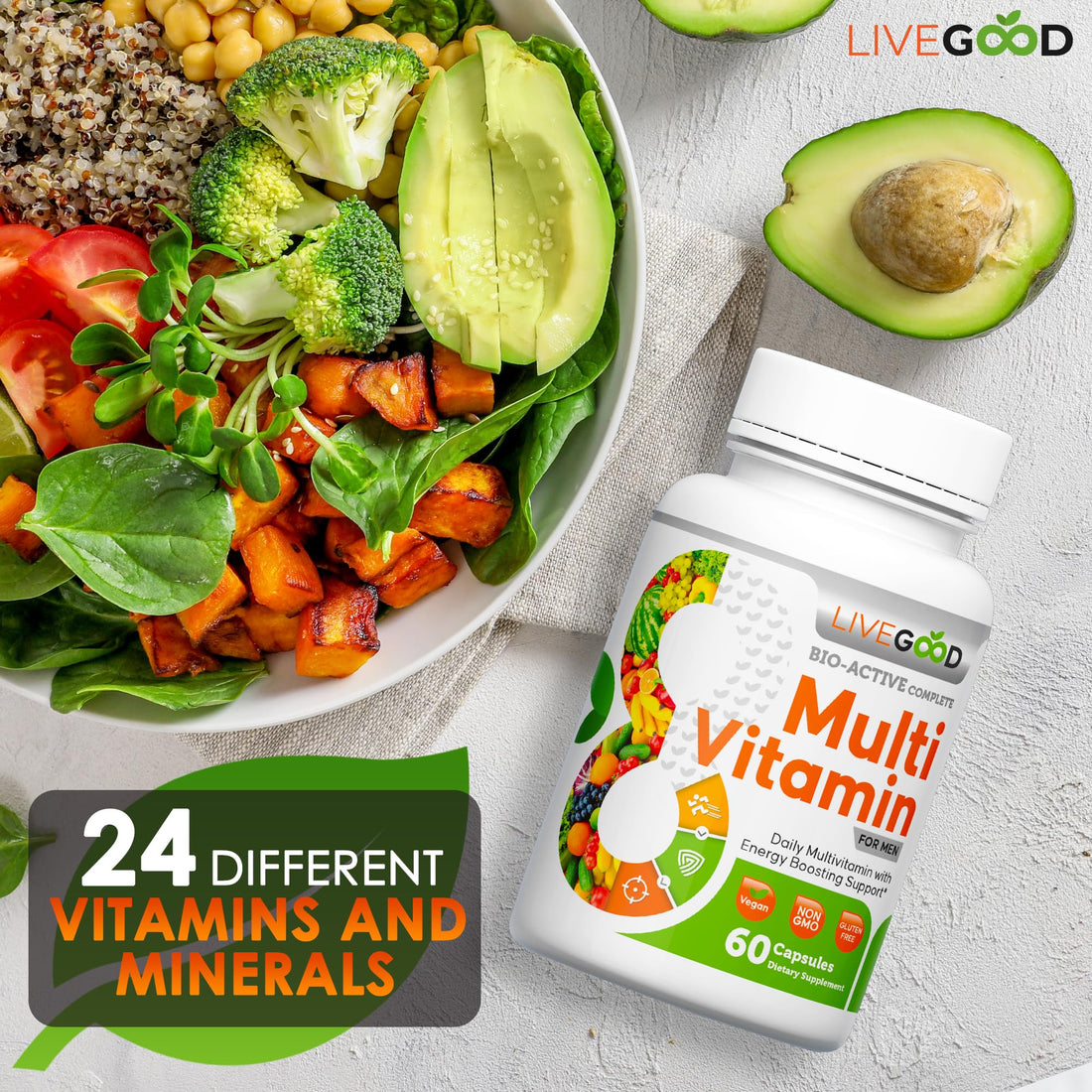 LiveGood™ Men's Bio-Active Complete Multivitamin, Daily Supplement with Vitamin A, B12, C, E, Lycopene, Vegan, 60 Capsules