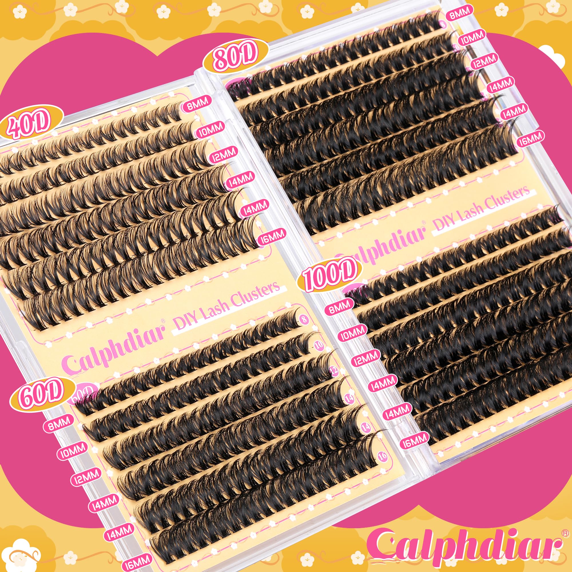 Calphdiar Lash Clusters 40D+60D+80D+100D Eyelash Clusters 474PCS Individual Lashes D-Curly Cluster Eyelash Extensions 8-16MM Wispy Lashes Clusters Volume False Mink Eyelashes DIY Lash Extension