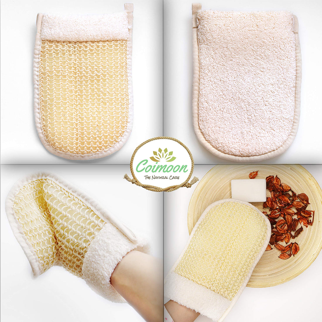 Coimoon Set (Made in Europe)- Exfoliating Organic Loofah Face Pads And Shower Sponge with Natural Pumice Stone, Loofa, Puff Sponge Scrubber Body For Men and Women (3 Piece Set, Natural)