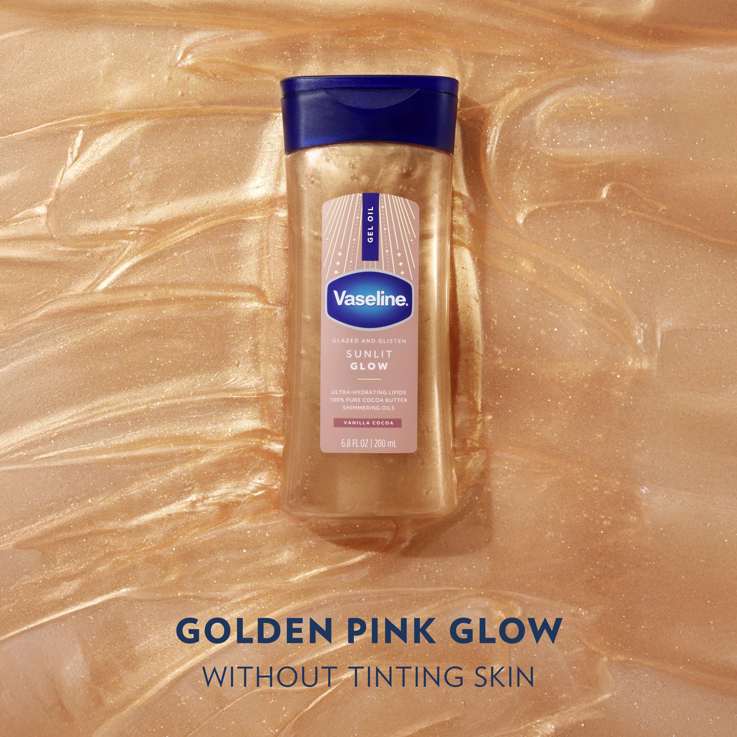 Vaseline Glazed and Glisten Sunlit Glow Body Gel Oil Vanilla Cocoa Shimmering with Ultra-Hydrating Lipids and 100% Pure Cocoa Butter, 6.8 Oz