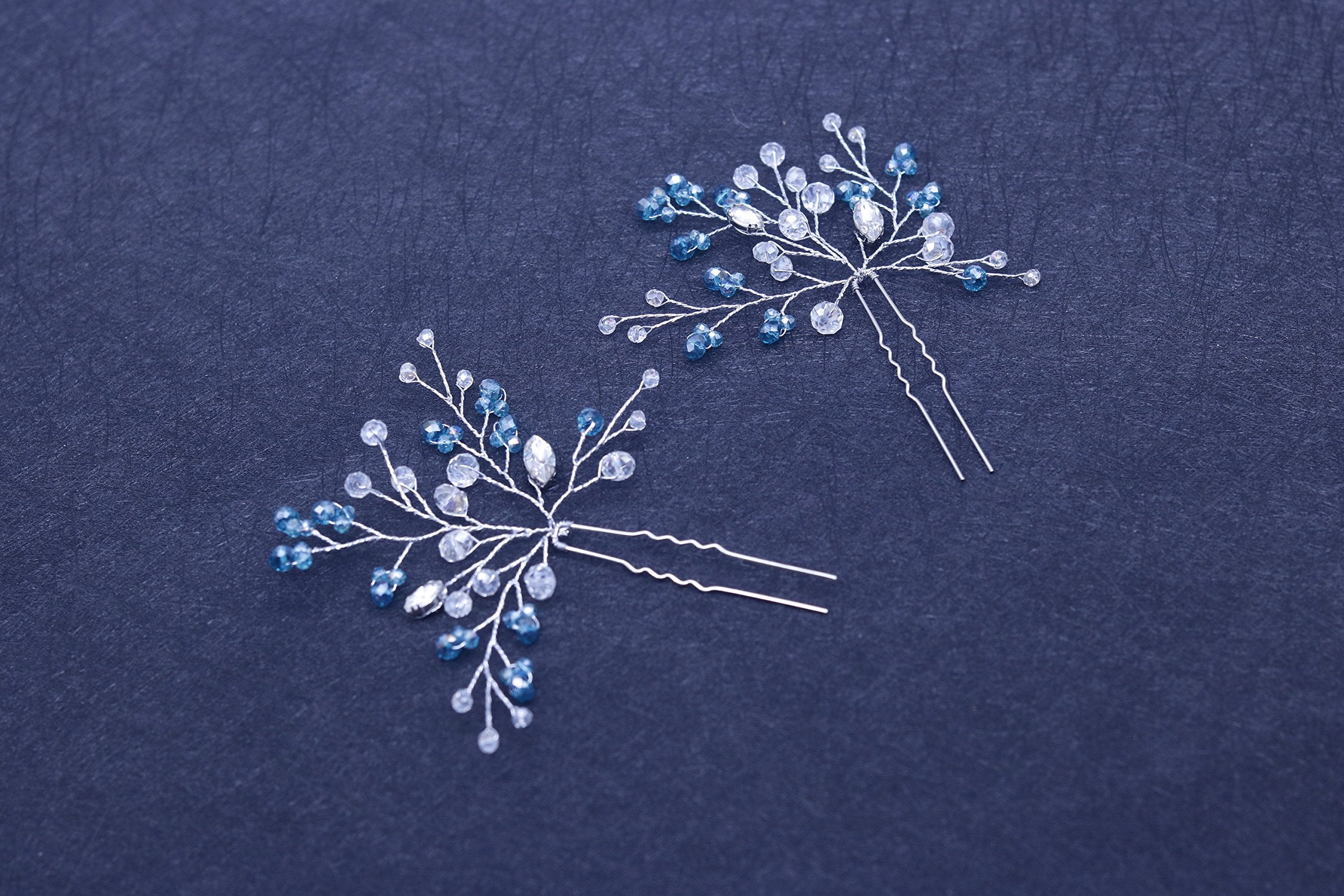 FXmimior Bridal Women Blue Vintage Wedding Party Hair Pins Crystal Hair Accessories( pack of 2)