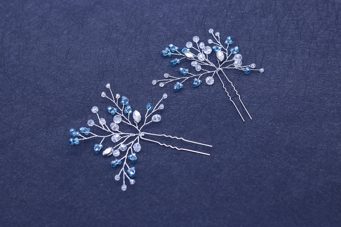 FXmimior Bridal Women Blue Vintage Wedding Party Hair Pins Crystal Hair Accessories( pack of 2)