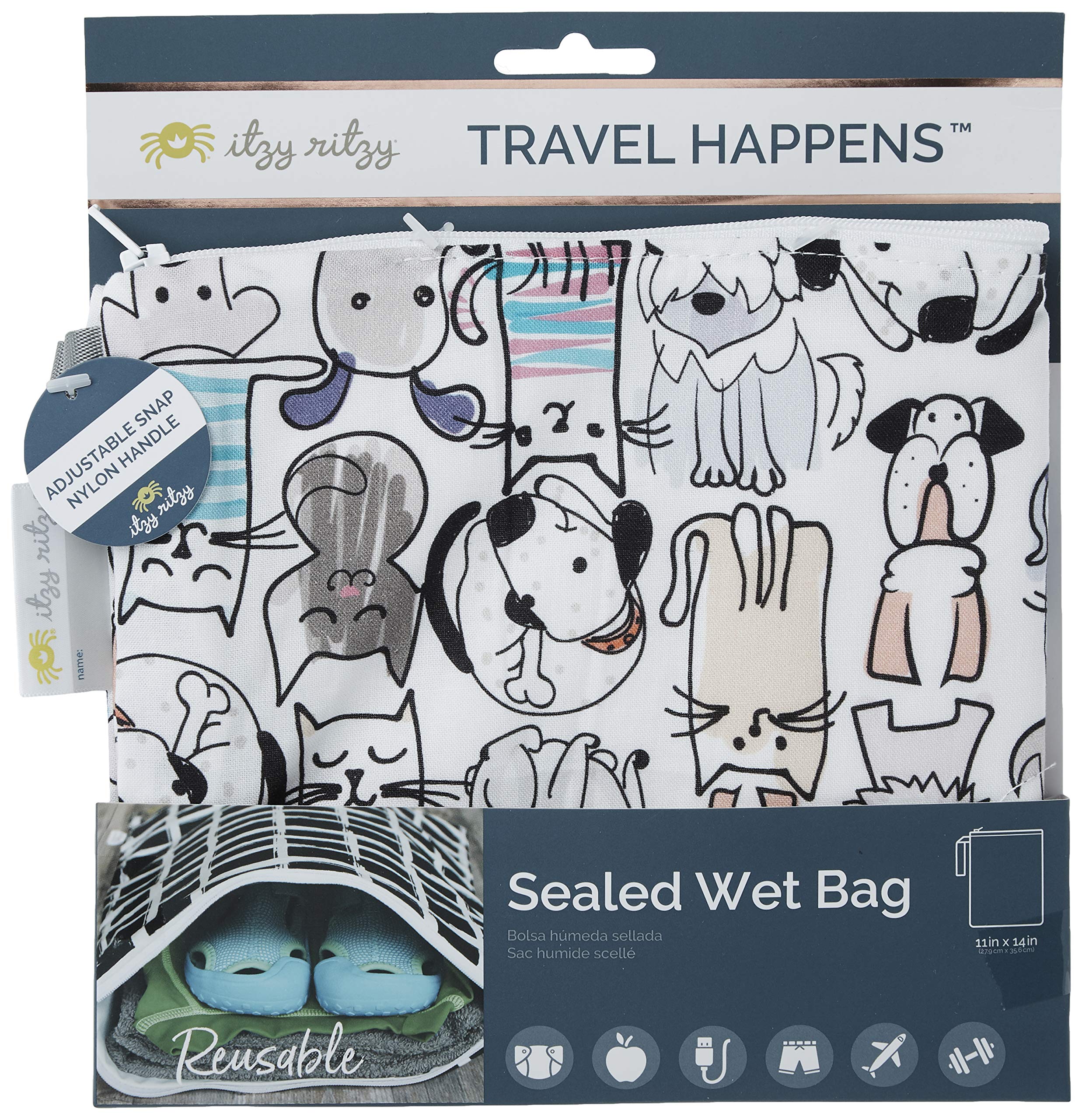 Itzy Ritzy Sealed Wet Bag with Handle – Wet Bag for Travel, Swimsuits, Cloth Diapers, Gym Clothes & Toiletries - Washable & Reusable with Water Resistant Lining - Measures 11” x 14” (Cats & Dogs)