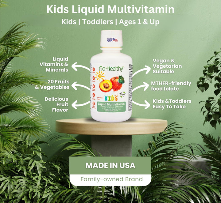 Go Healthy Kids Liquid Multivitamin - Vegan Vitamin Supplement Supports Children's Growth, Development & Immune Function, Ages 1 & Up, Delicious Fruit Flavor - 32 Servings