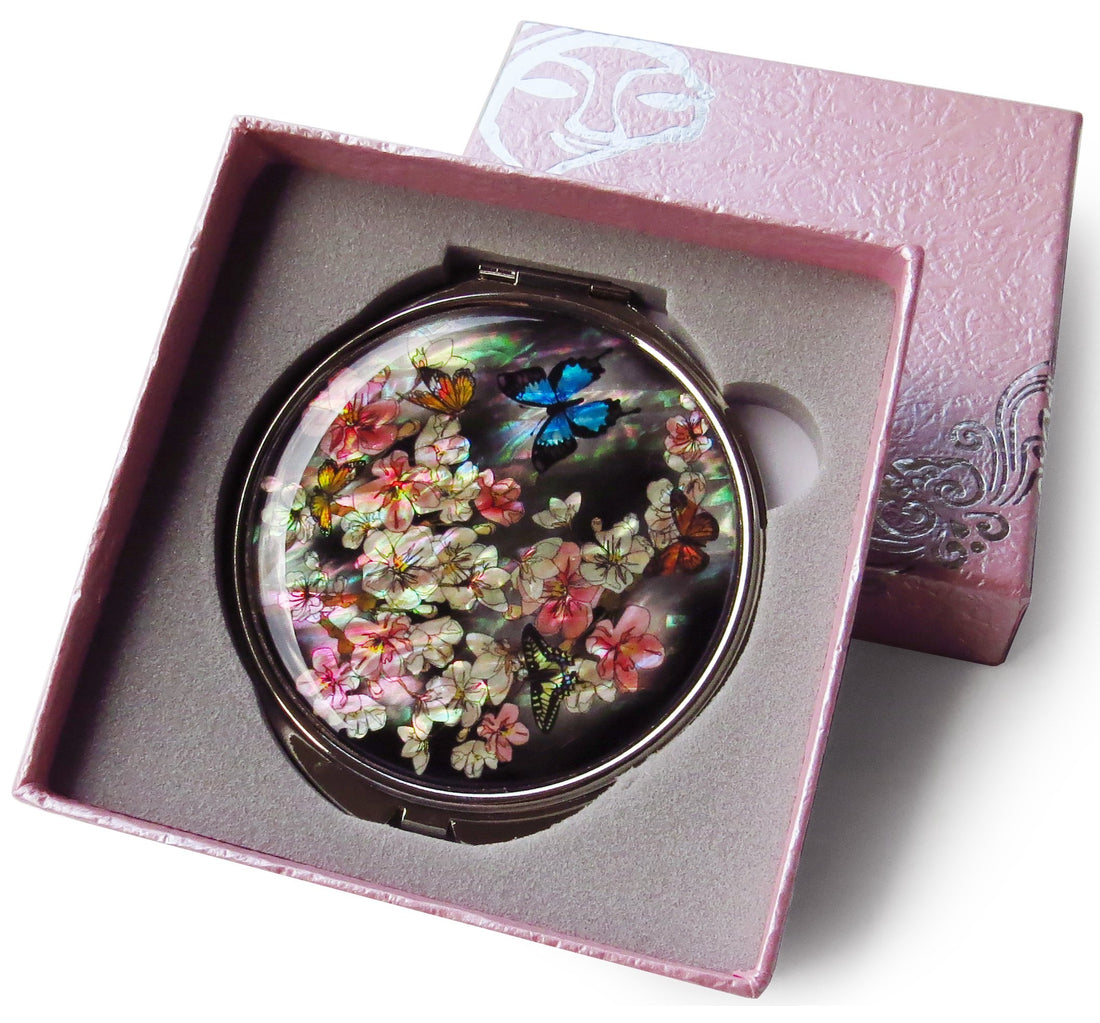 Korean Makeup Compact Mirror Mother of Pearl Metal Apricot Flower Butterfly #55
