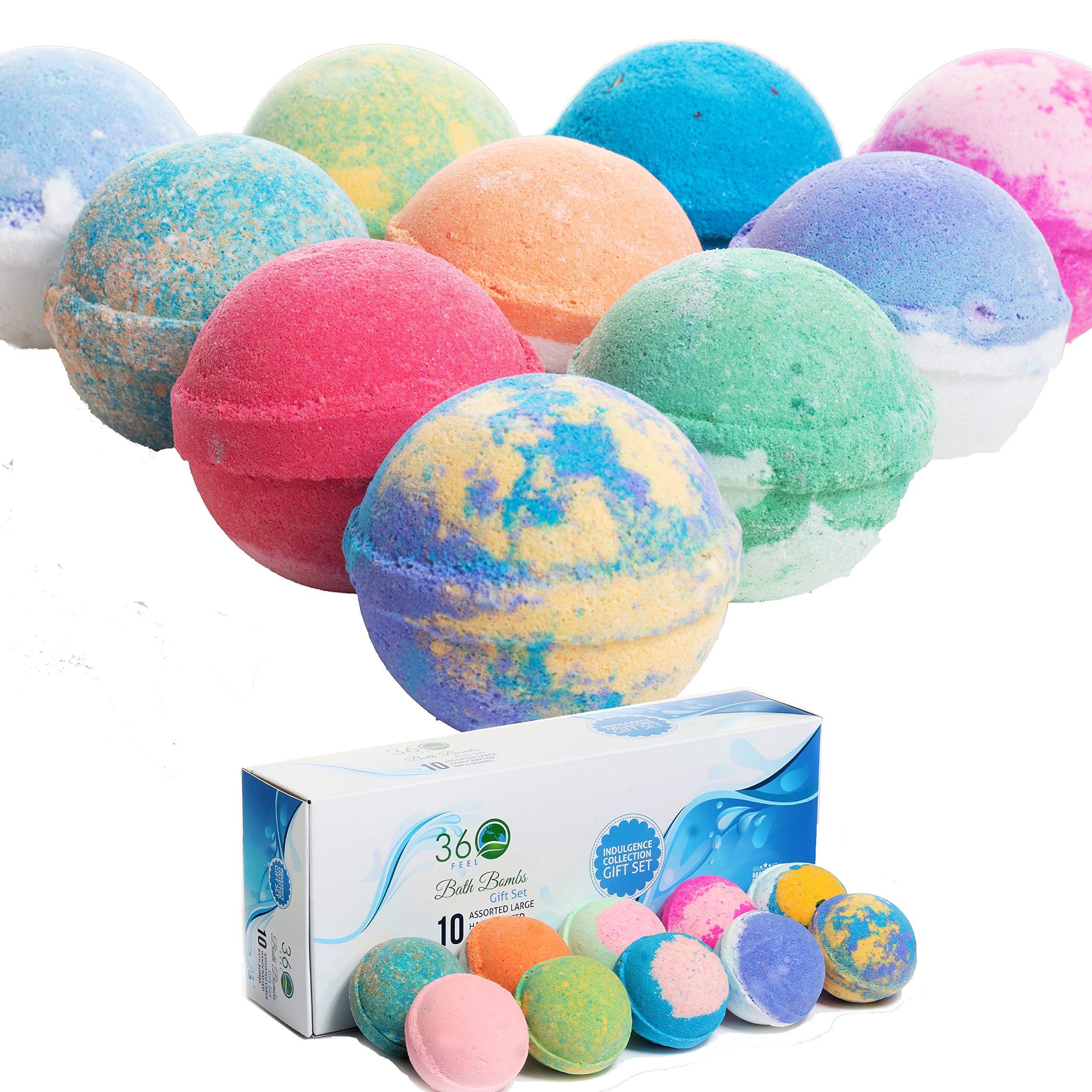 360Feel Bath Bombs Gift Set 10 Large USA made -Made with Essential Oil -All Natural Organic Bath Fizzies- Gift ready box - Aromatherapy Organic Bath Bomb for Women Men and Kids - Gift ready box