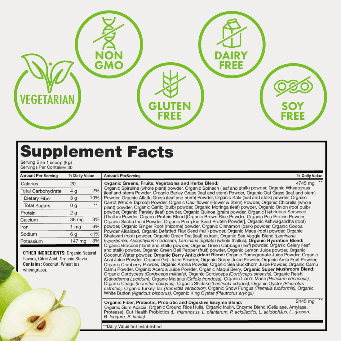 Zena Organic Super Greens Powder, 70+ Superfoods Drink Mix, 0 Sugar, 3G Fiber, Fruits, Veggies, Spirulina, Chlorella, Antioxidants, Pre & Probiotics, Digestive Enzymes, Green Apple Flavor, 30 Servings