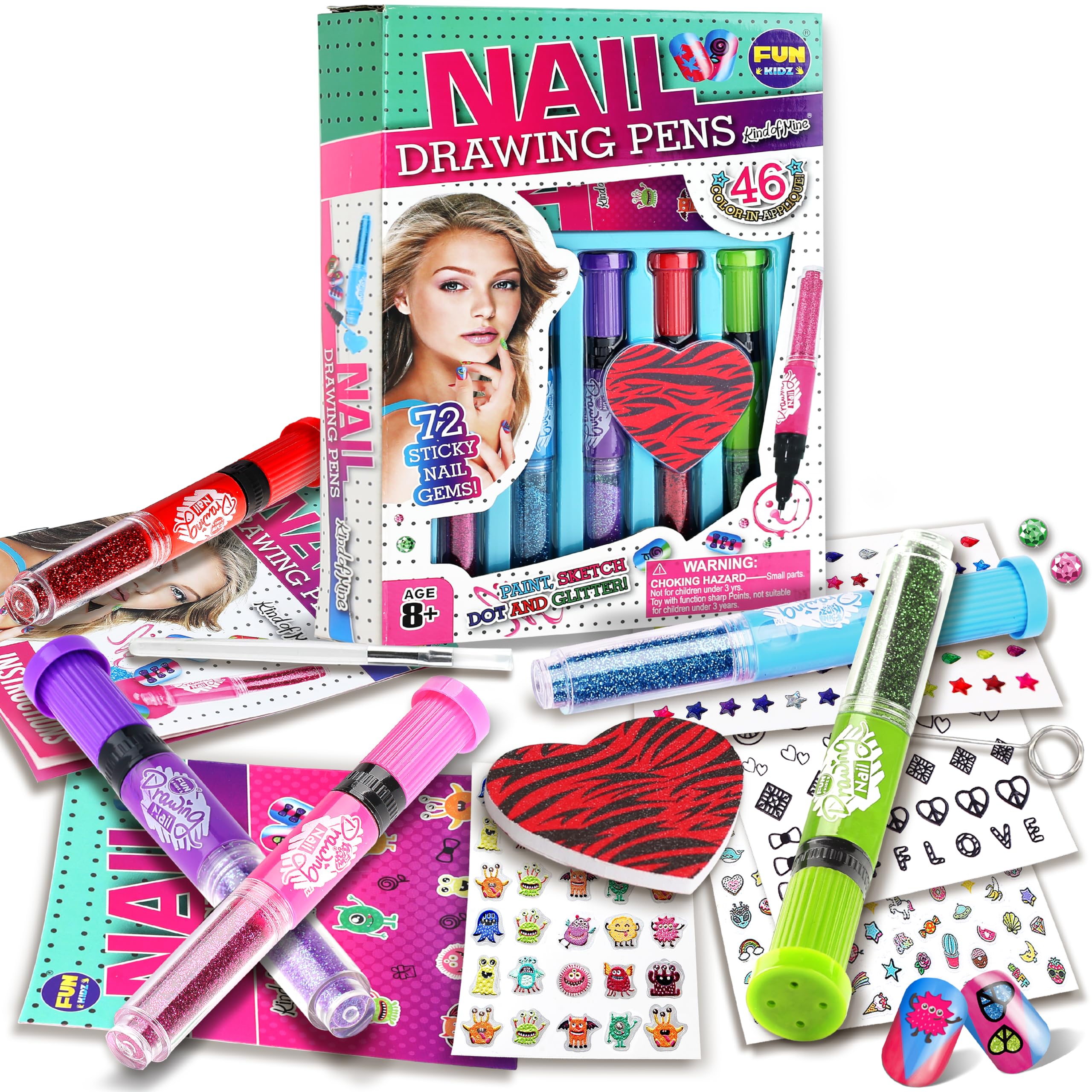 FunKidz Peelable Nail Art Set for Girls Ages 7-12, Polish Pens, Glitter Sticky Temporary Decoration Makeup Kit for Teens Party