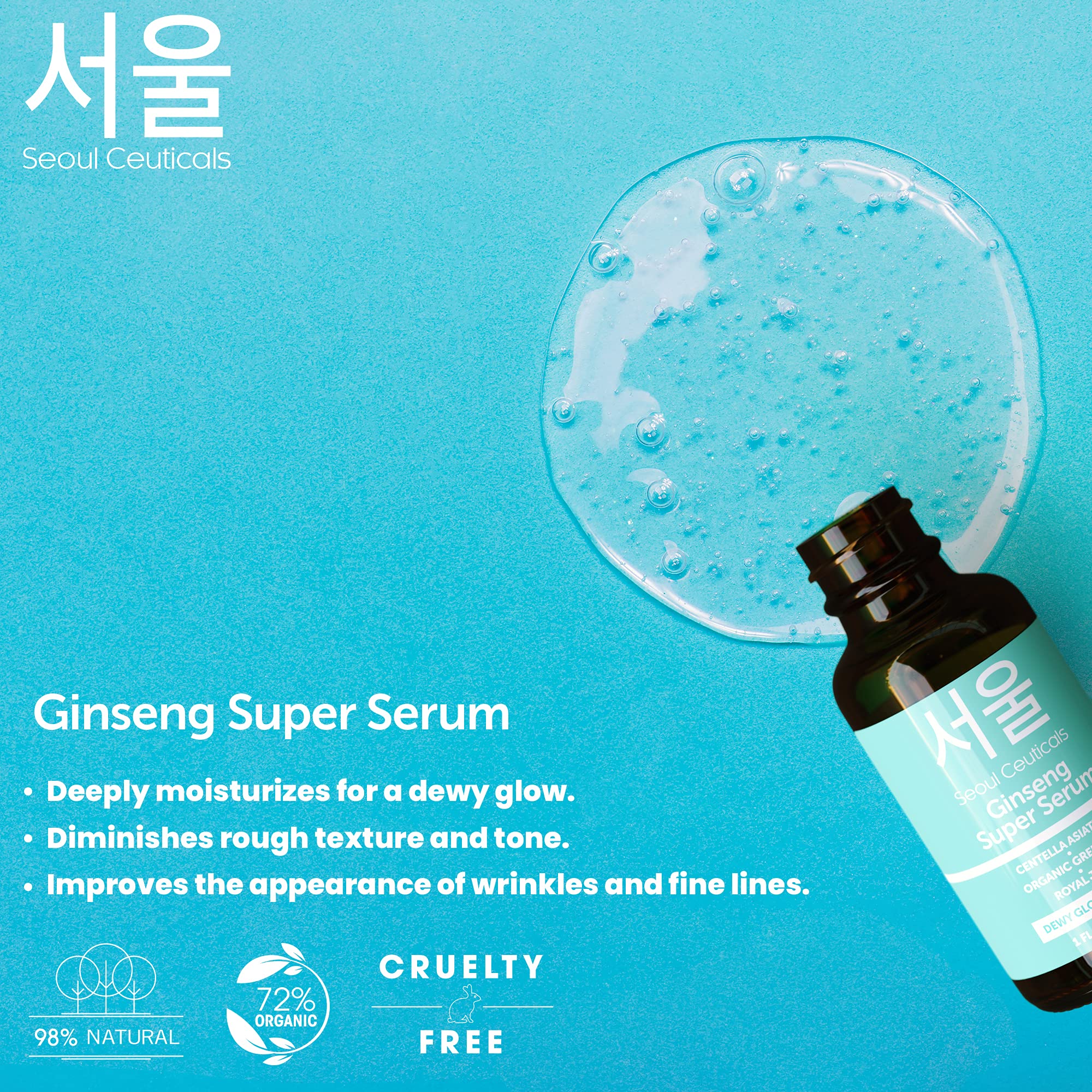 SeoulCeuticals Korean Skin Care Ginseng Serum - K Beauty Skincare with Green Tea + Centella + Royal Jelly - Cruelty Free & Organic for Dewy Glow 1oz