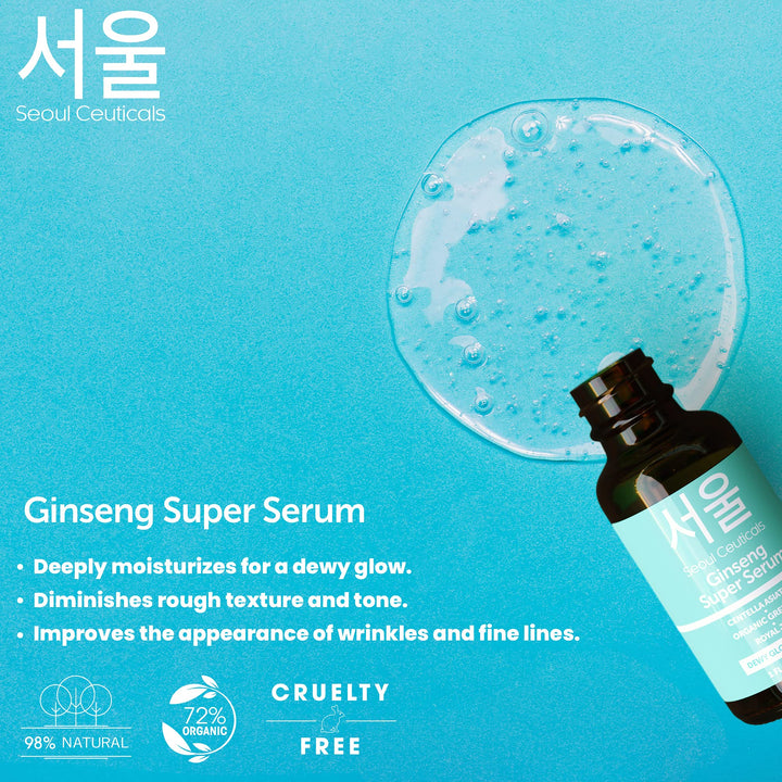 SeoulCeuticals Korean Skin Care Ginseng Serum - K Beauty Skincare with Green Tea + Centella + Royal Jelly - Cruelty Free & Organic for Dewy Glow 1oz