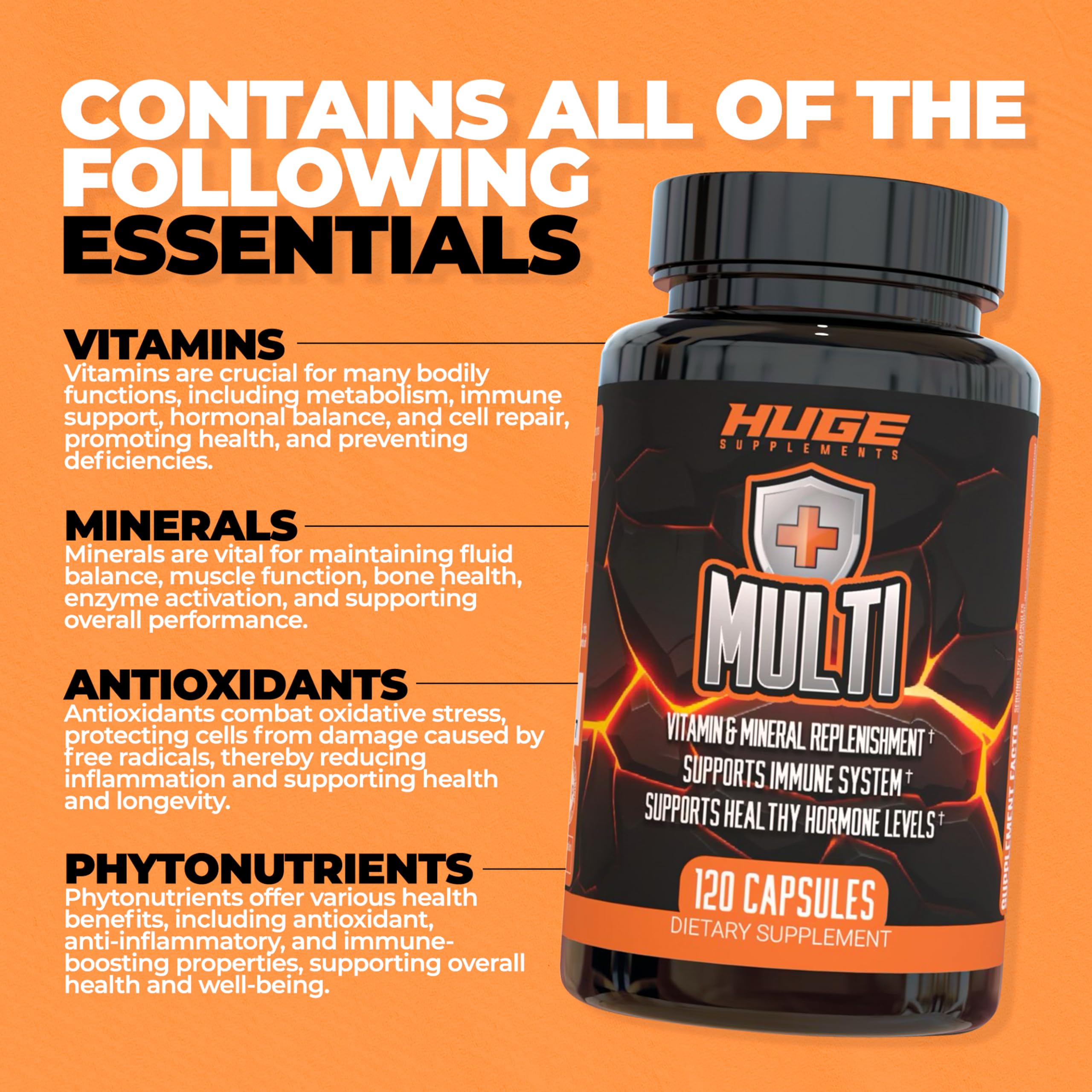 Huge Multi, Multivitamin for Men, High-Performance All-in-One Formula for Athletes, Vitamin & Mineral Replenishment, Supports Immune System & Healthy Hormone Levels (120 Capsules)