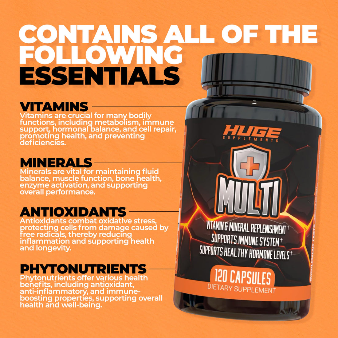 Huge Multi, Multivitamin for Men, High-Performance All-in-One Formula for Athletes, Vitamin & Mineral Replenishment, Supports Immune System & Healthy Hormone Levels (120 Capsules)
