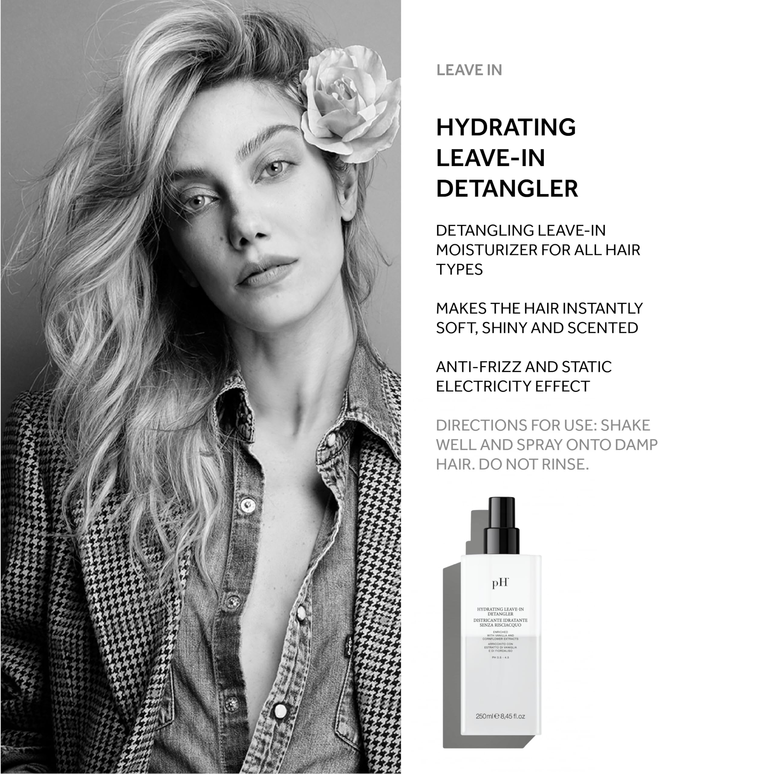 pH PURE HAIR Hydrating Leave-In Detangler Spray - Anti-Frizz, Moisturizing & Smoothing Spray for All Hair Types, Adds Shine & Softness, Easy Detangling & Styling, 8.45 Oz