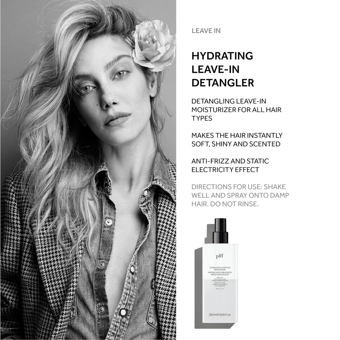 pH PURE HAIR Hydrating Leave-In Detangler Spray - Anti-Frizz, Moisturizing & Smoothing Spray for All Hair Types, Adds Shine & Softness, Easy Detangling & Styling, 8.45 Oz