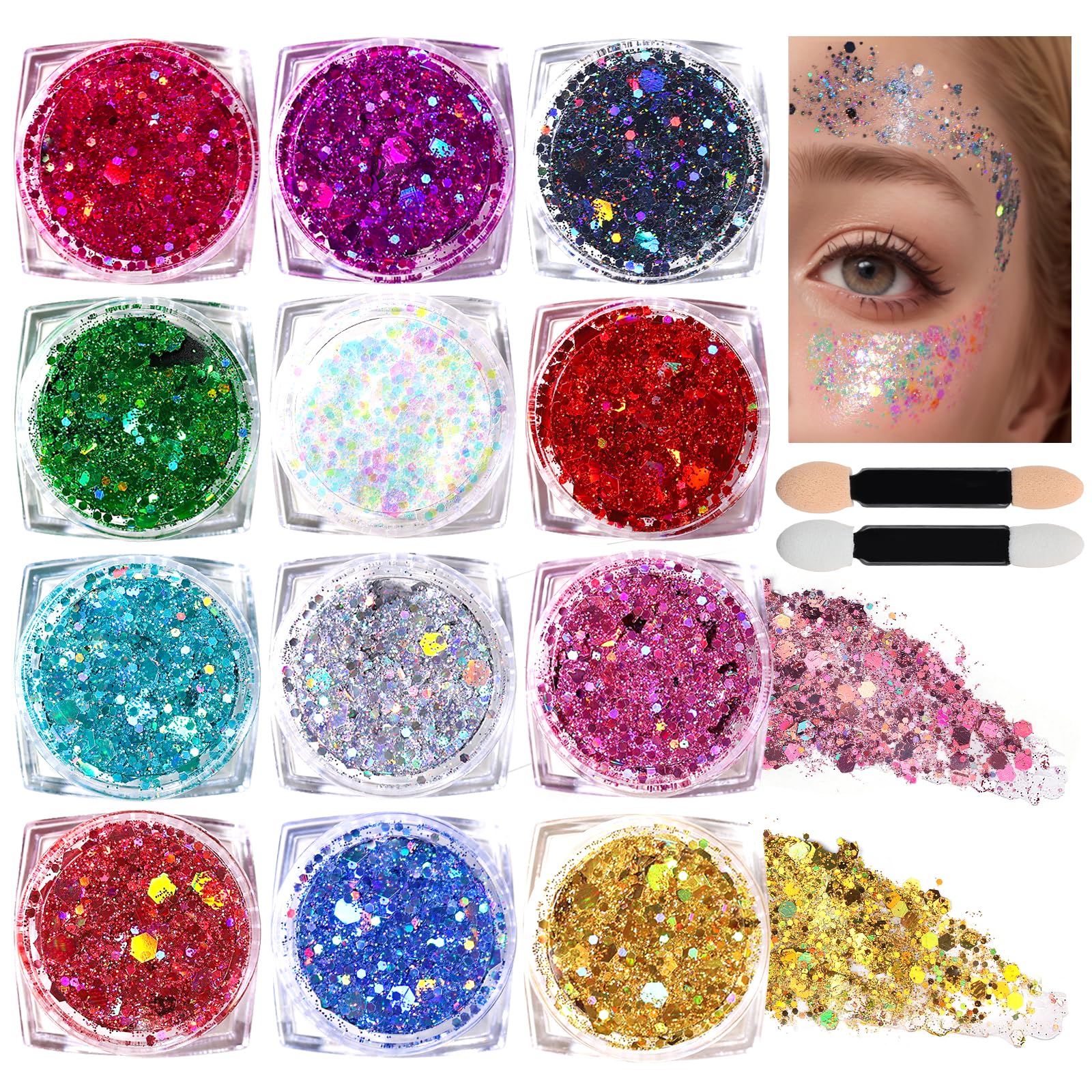 Teenitor Body Glitter Face Glitter Makeup Festival Glitter, 12 Colors Face and Body Glitter Gel, Hair Glitter Gel, Body Makeup