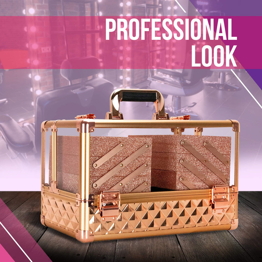 Ver Beauty 3.8mm armored acrylic makeup case jewelry portable travel organizer with 6 extendable trays clear cover micro-fiber cloth brush holders keylocks - vp016, Rose Gold Diamond