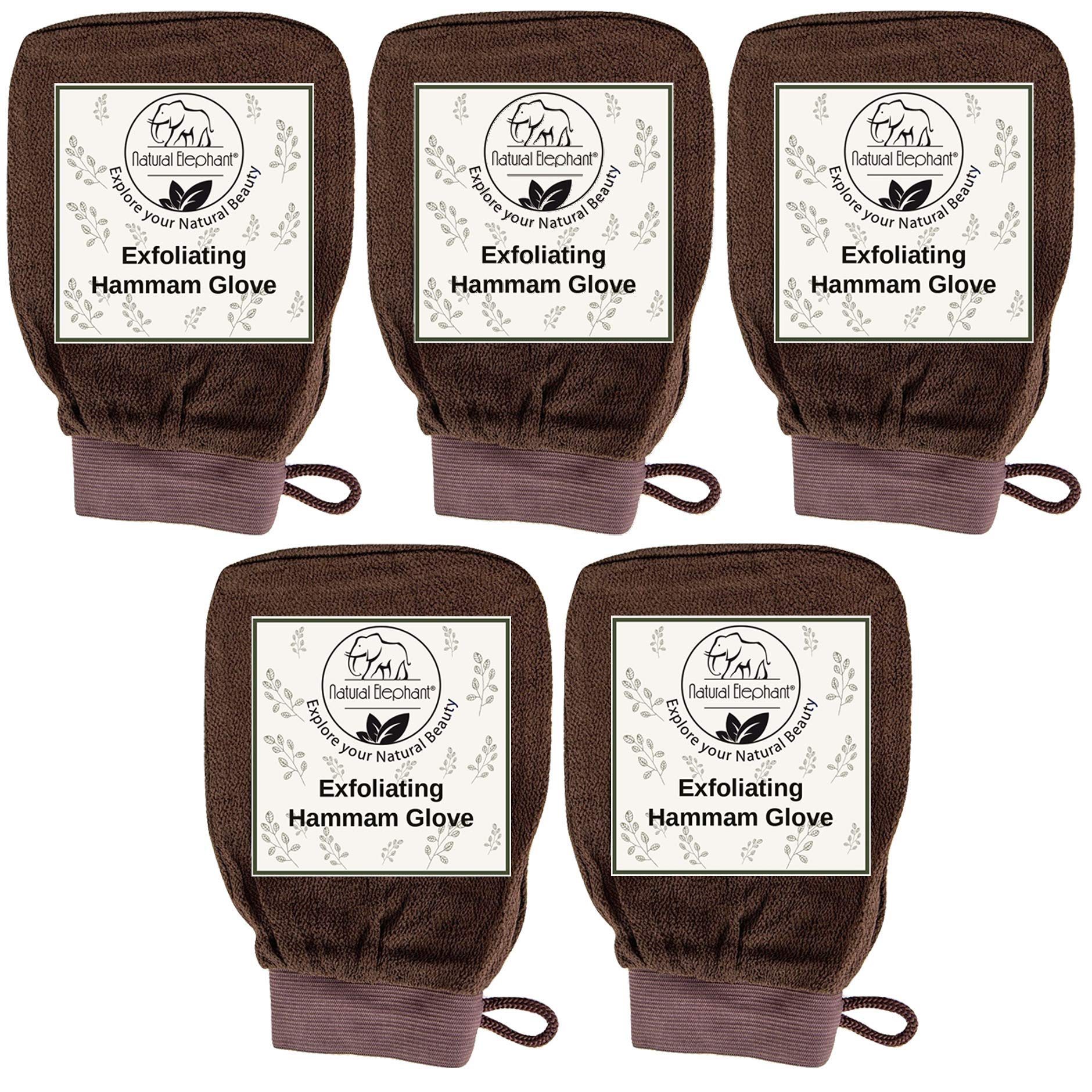 Natural Elephant Exfoliating Hammam Glove - Face and Body Exfoliator Mitt (Chocolate Brown (Pack of 5))