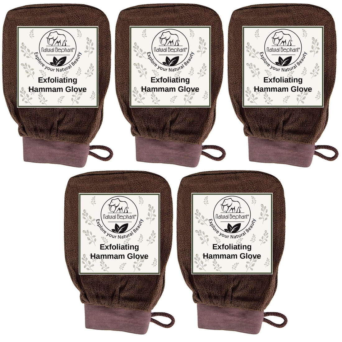 Natural Elephant Exfoliating Hammam Glove - Face and Body Exfoliator Mitt (Chocolate Brown (Pack of 5))