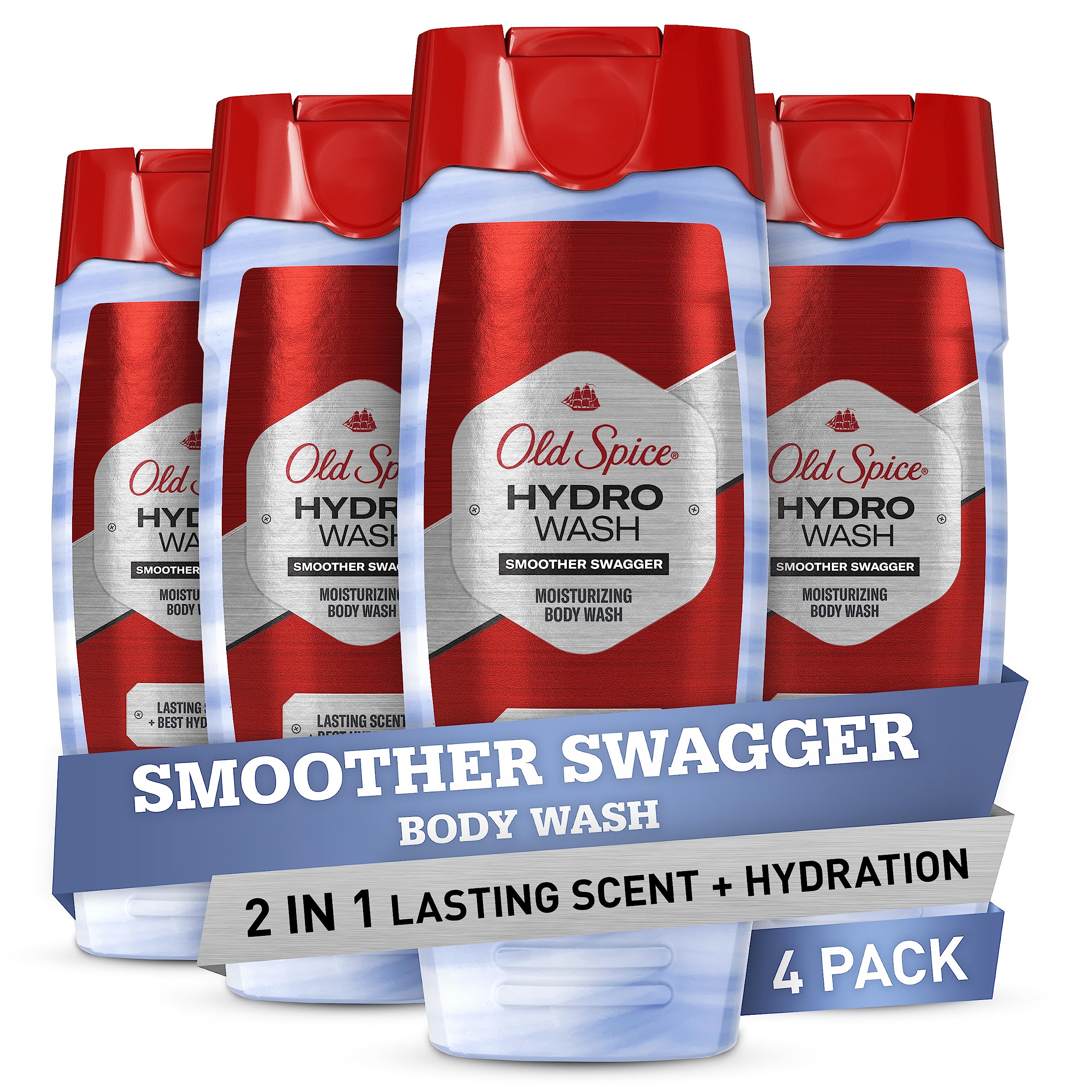 Old Spice Body Wash Hydro Wash for Men, 2 in 1 Lasting Scent + Hydration, Hardest Working Collection, Smoother Swagger Scent, 16 Ounce (Pack of 4)