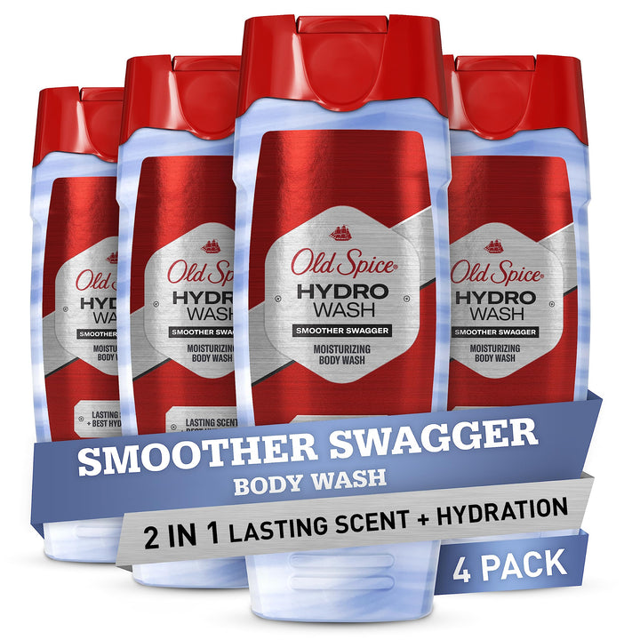 Old Spice Body Wash Hydro Wash for Men, 2 in 1 Lasting Scent + Hydration, Hardest Working Collection, Smoother Swagger Scent, 16 Ounce (Pack of 4)