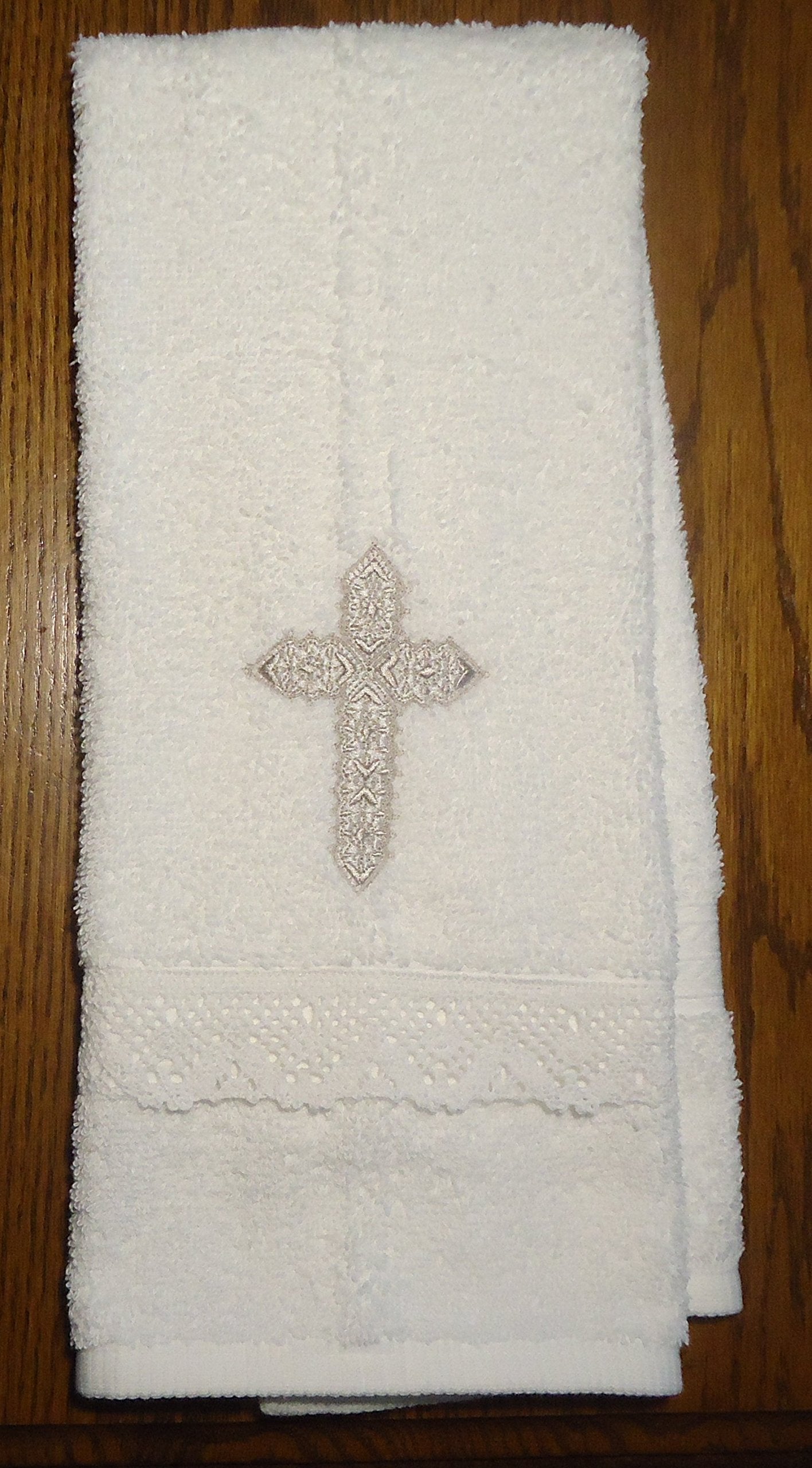 Baby Baptism Towel with Cross Embroidery and Lace