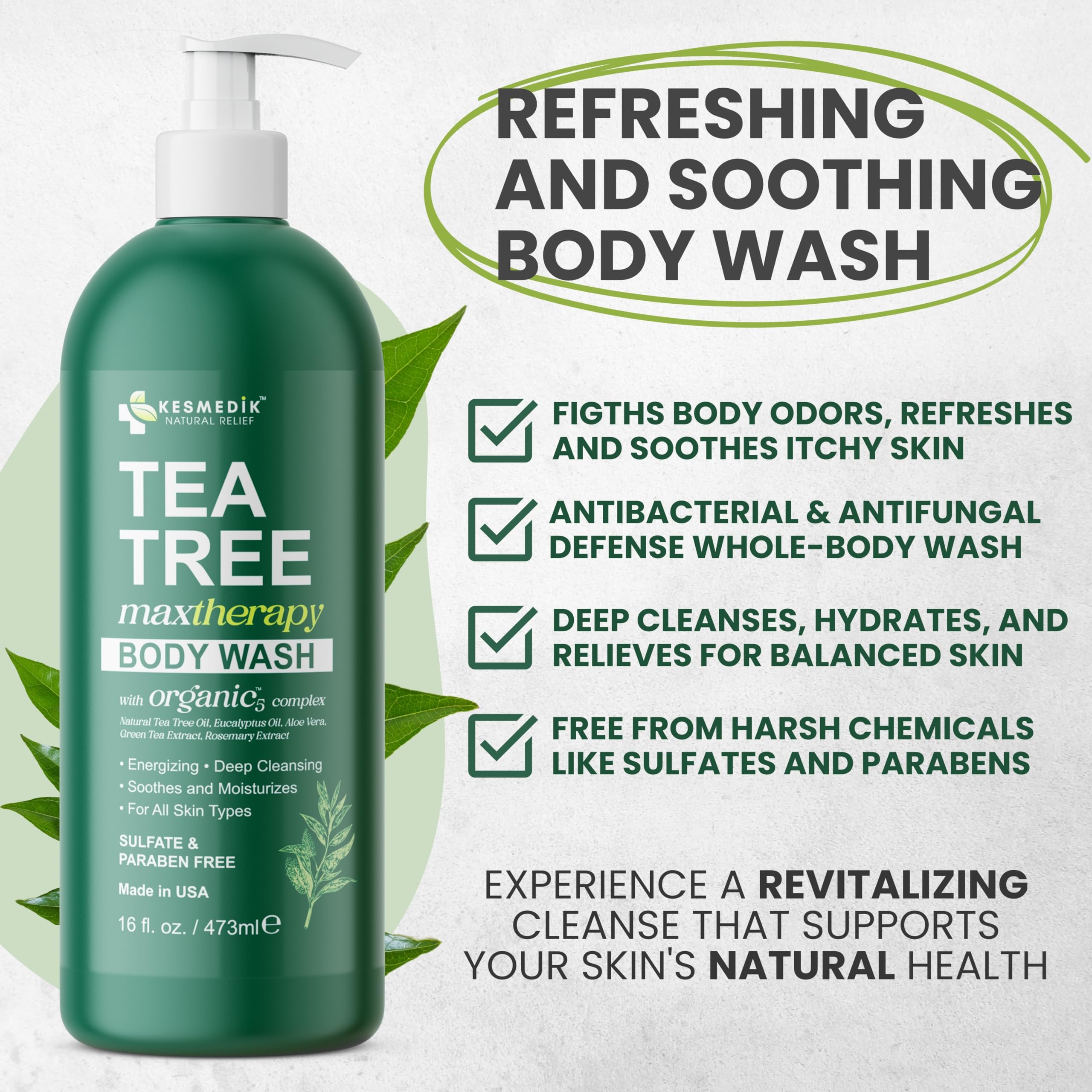 KESMEDIK Tea Tree Oil Body Wash MaxTherapy | Antibacterial & Antifungal Defense for Athlete’s Foot, Ringworm, Body Odors & Acne, Soothing Relief for Sensitive, Dry, Itchy Skin (16 fl oz, 2-Pack)